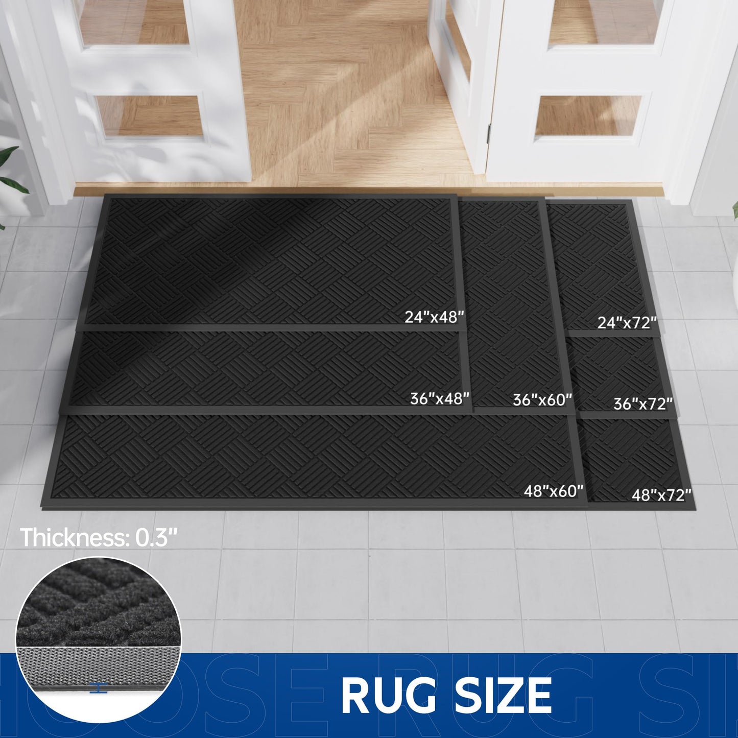 Naturei Durable Indoor Outdoor Door Mat, 3' x 5' Heavy Duty Front Door Mat for Entryway, Non-Slip Backing, Stain and Fade Resistant, Absorbent Commercial Floor Mat for High Traffic Area, Black