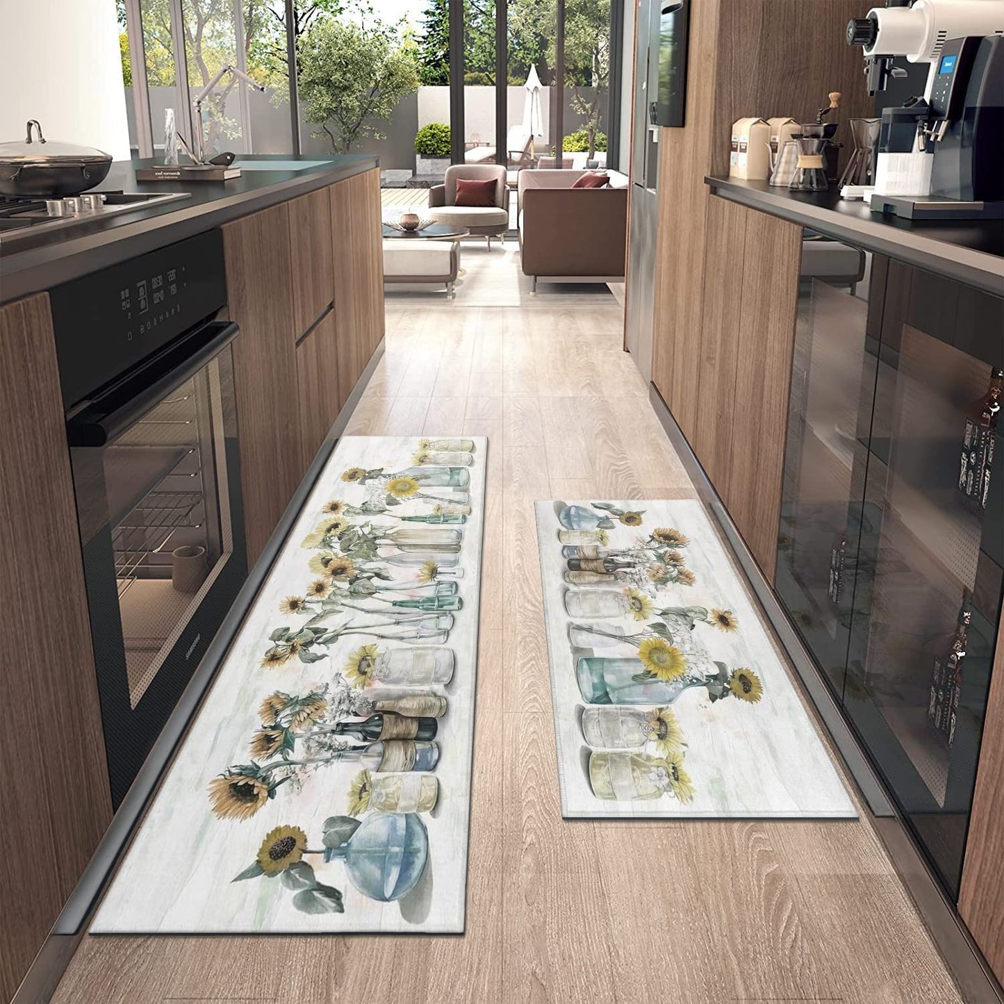 Xsinufn Sunflower Farmhouse Kitchen Rugs Set of 2,Colorful Spring Summer Flowers Kitchen Rugs and Mats Non Skid Washable,Farmhouse Kitchen Runner Rugs with Rubber Backing (17"x48"+17"x30")