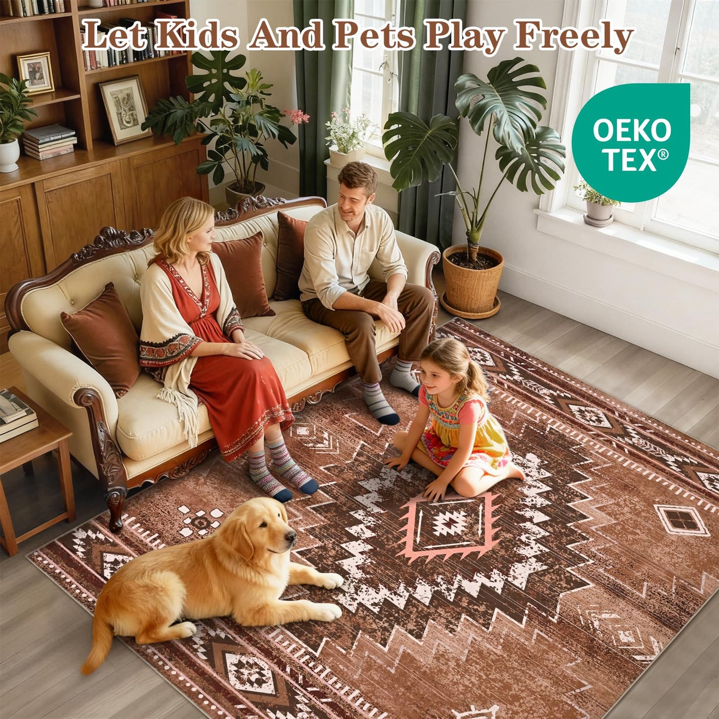 Yinhua Western Living Room Rug 5x7, Moroccan Low-Pile Washable Rug for Bedroom, Aztec Brown Rugs Non Slip with Rubber Backing, Soft Non-Shedding Carpet for Nursery Classroom Office