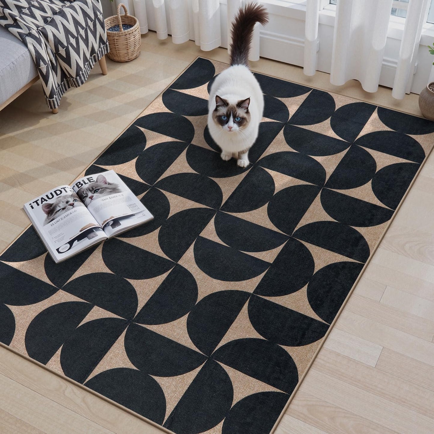 Lahome Modern Geometric Easy Jute Entryway Rug 3x5, Indoor Outdoor Washable Rug for Living Room, Neutral Semi-Circle Black Carpet for Dining Room Patio Front Door