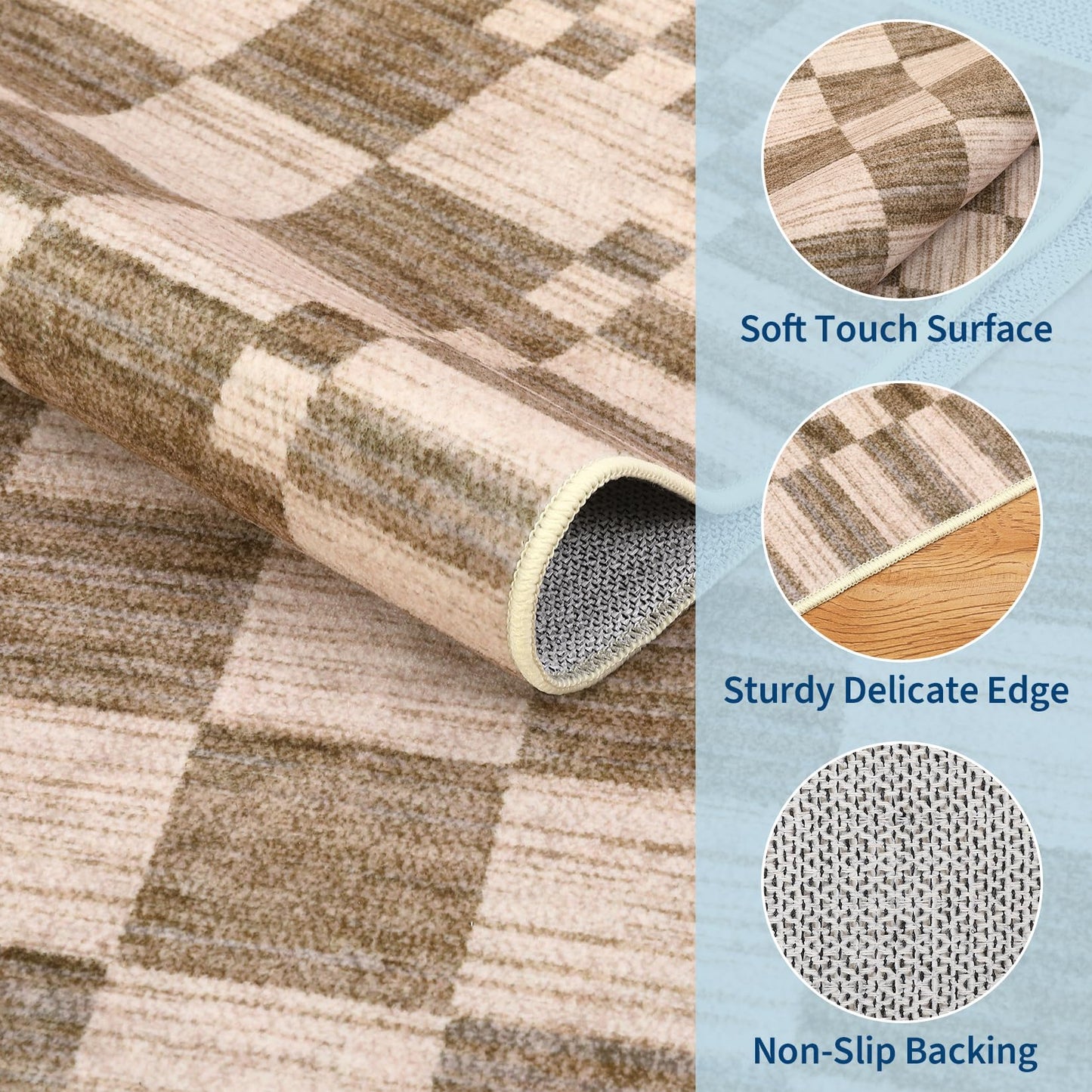 GarveeHome 8×10 Area Rugs for Living Room,Modern Brown Checkered Rug,Geometric Tan Brown Print Non-Slip Washable Farmhouse Checkerboard Rugs for Bedroom Dining Room Office