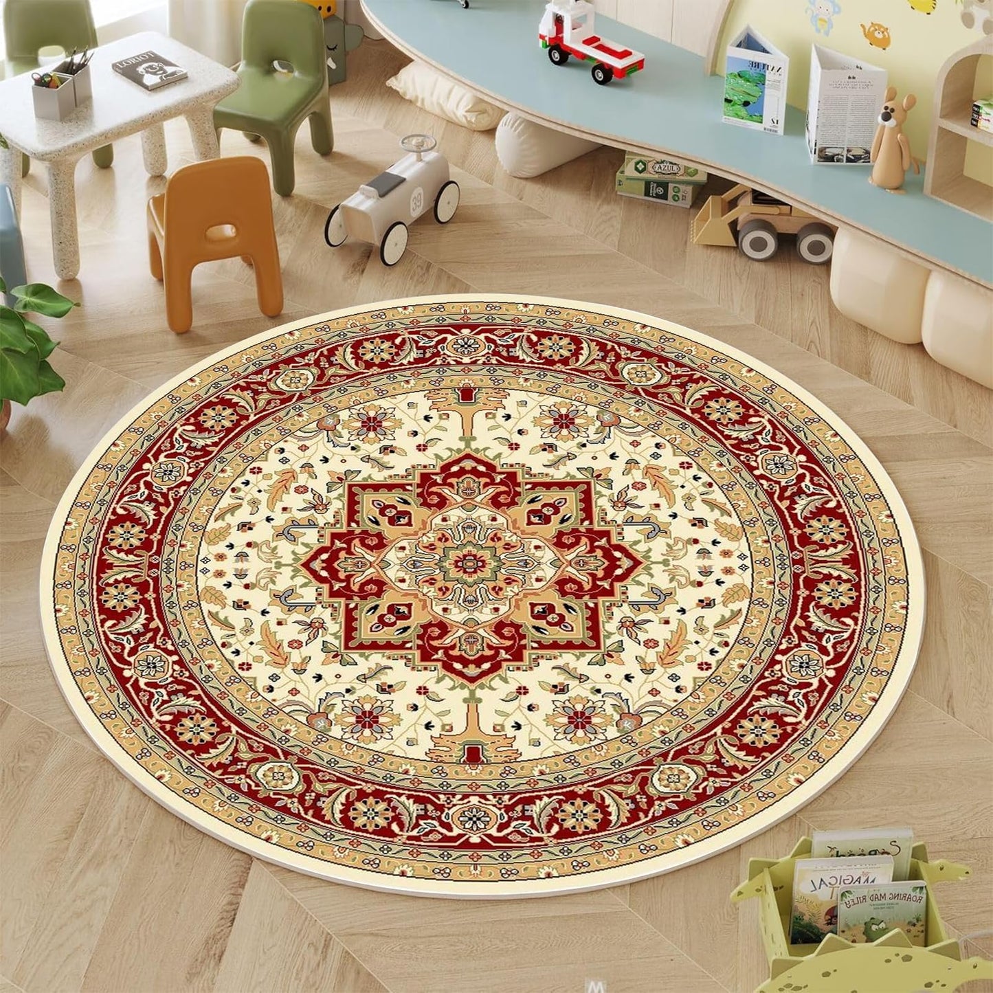 OWUFFY Round Rug 2' Washable Circle Rug Non Slip Low Pile Boho Floral Circular Rug for Bedroom, Bathroom, Entryway, Room, Office, College Dorm