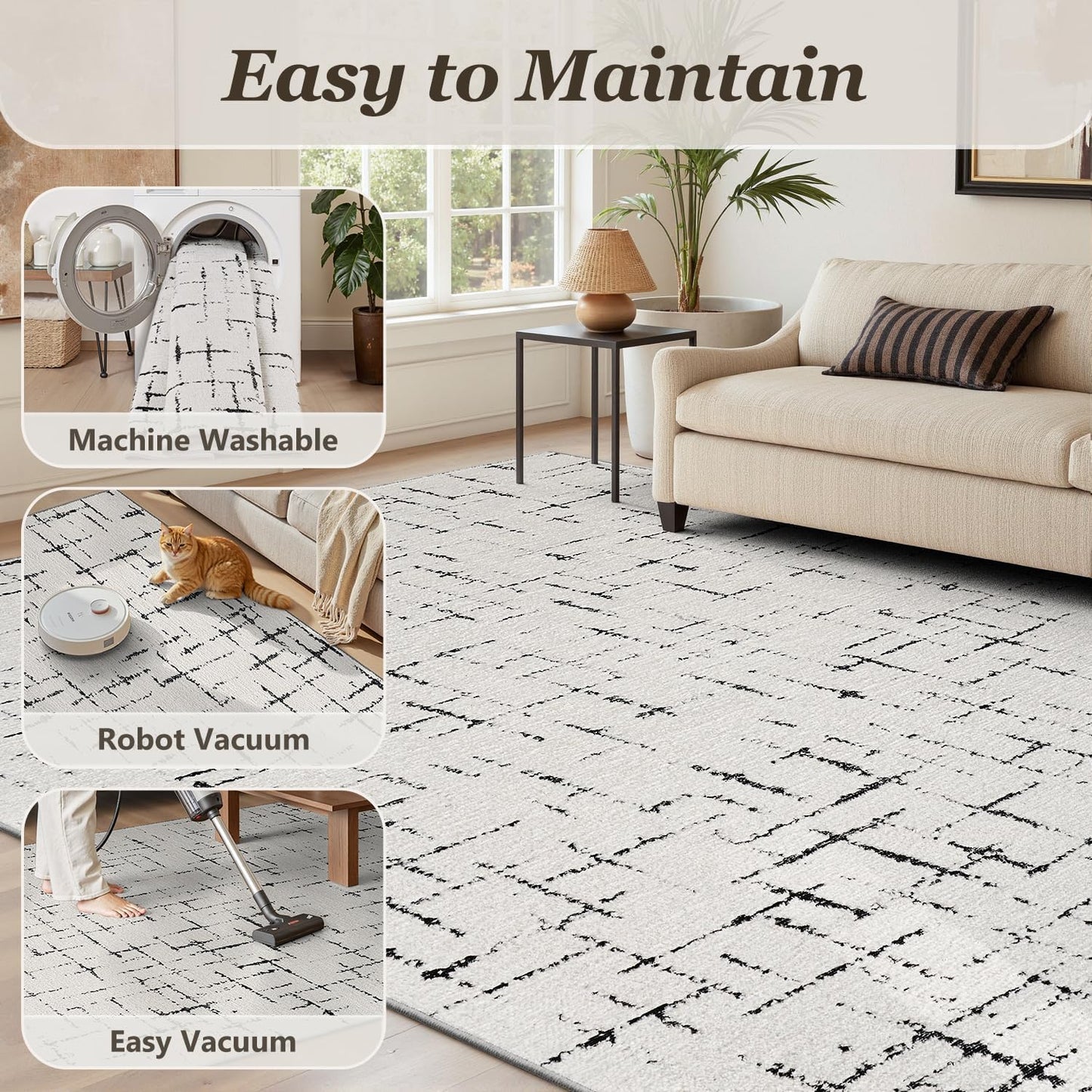 Engiw-Neutral 5x7 Area Rug for Living Room Rug-Carpet Bedroom Rugs Textured Tufted Jacquard Modern Washable Rug for Dining Room Nursery Non Slip-Black and White