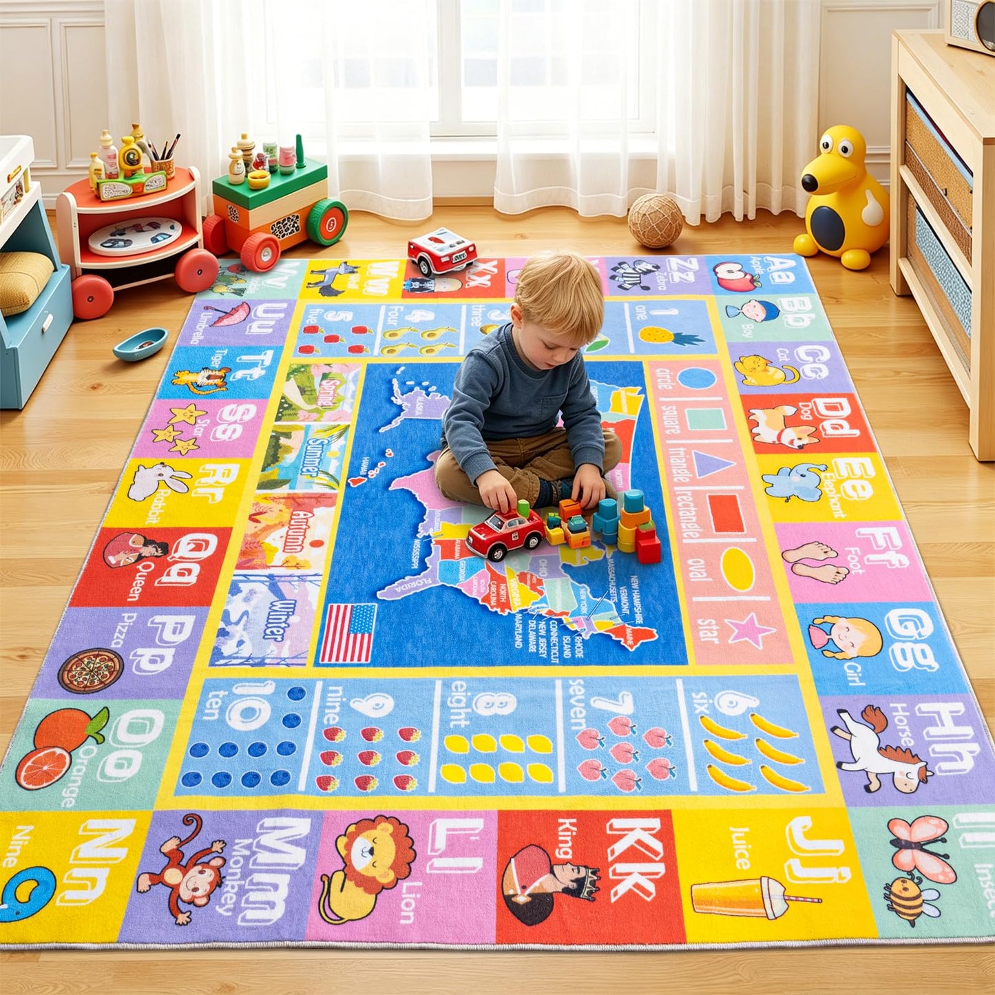 OHDS Kids Rugs for Playroom - Soft & Non-Slip 3x4 Feet Educational Rug for Learning ABC Alphabet, Numbers, Shapes & Map, Washable Classroom Rug for Toddler Nursery & Kids Room Decor