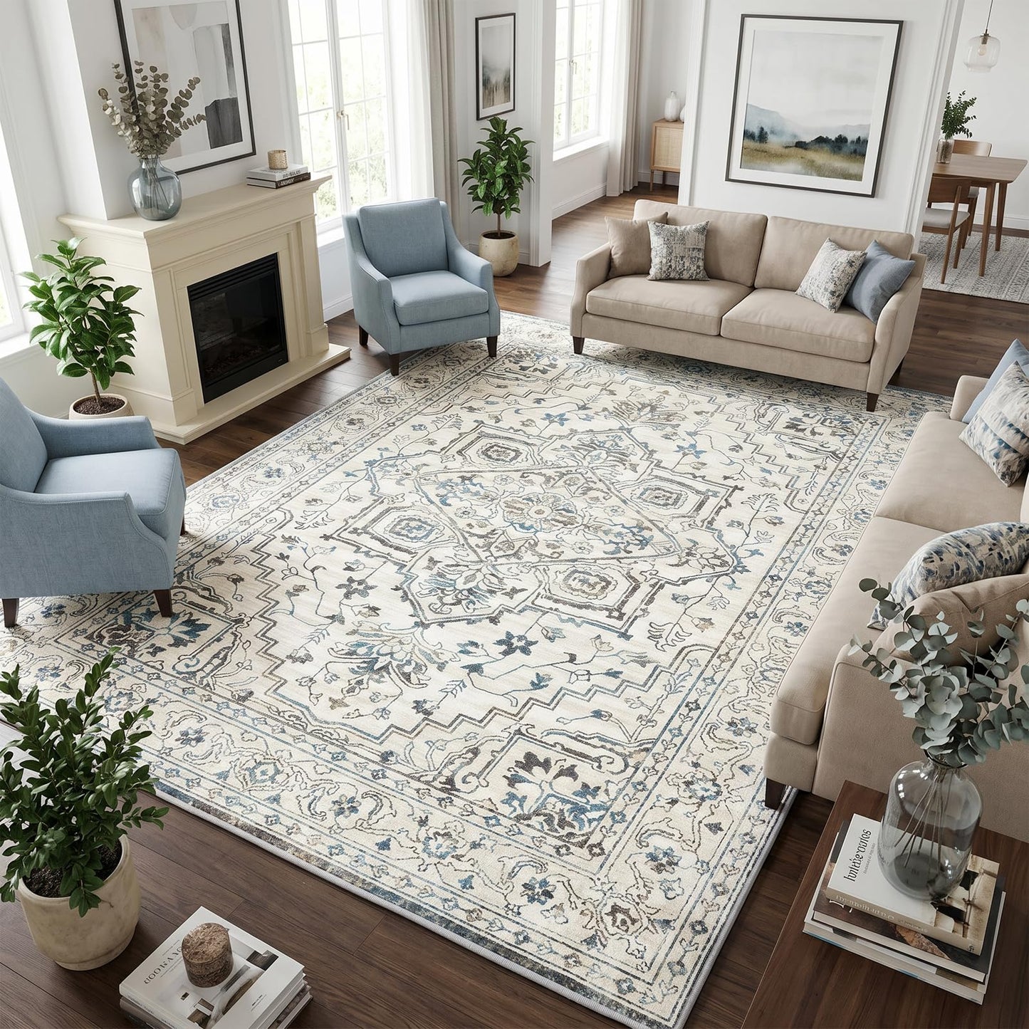 Vintage Washable Area Rug 8x10, Non-Slip Low-Pile Farmhouse Persian Carpet for Living Room Dining Room Bedroom, Stain Resistant Traditional Indoor Rug, Neutral Cream Blue