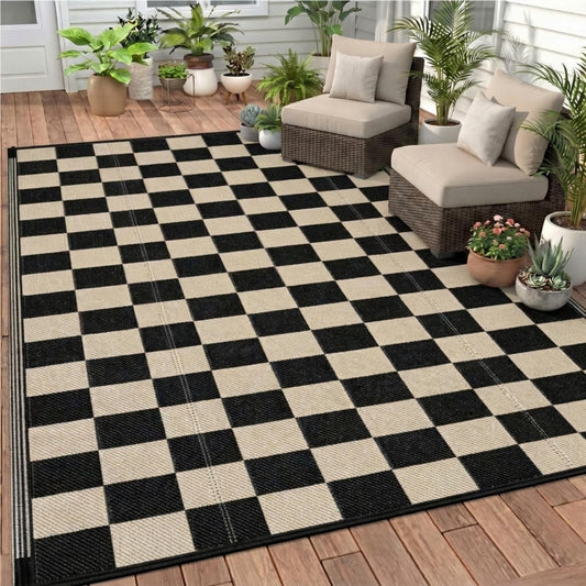 Klyyo Clyro Black Beige Checkerboard Outdoor Rug 5 x 8 ft Checkered Plastic Straw Camping Mat Foldable Reversible Patio Carpet for Rv Deck Camper Porch Backyard Picnic Beach Outdoor Garden