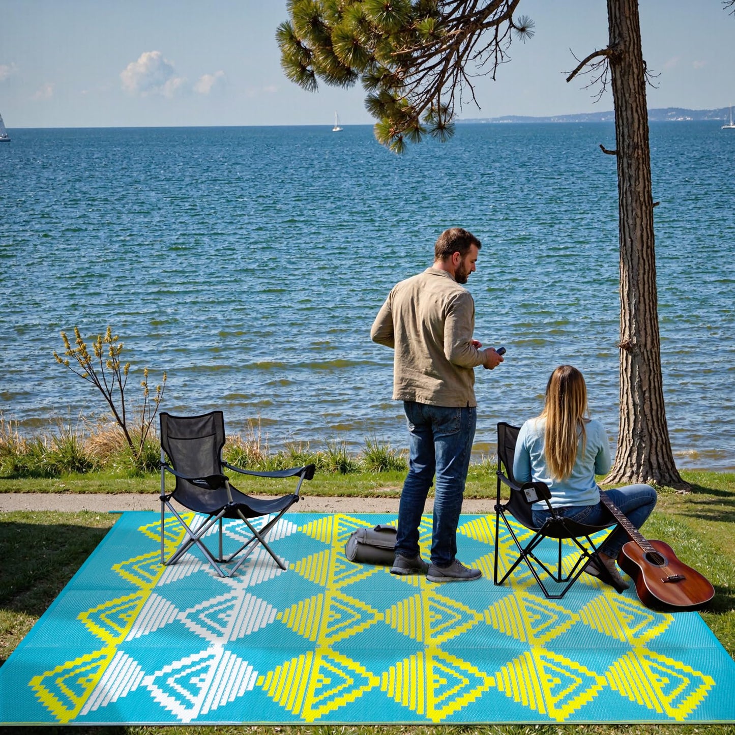 Beeiva Large Outdoor Rug 9x12 Waterproof for Patio, Reversible Outdoor Patio Rug for Backyard, Deck, Blue Yellow