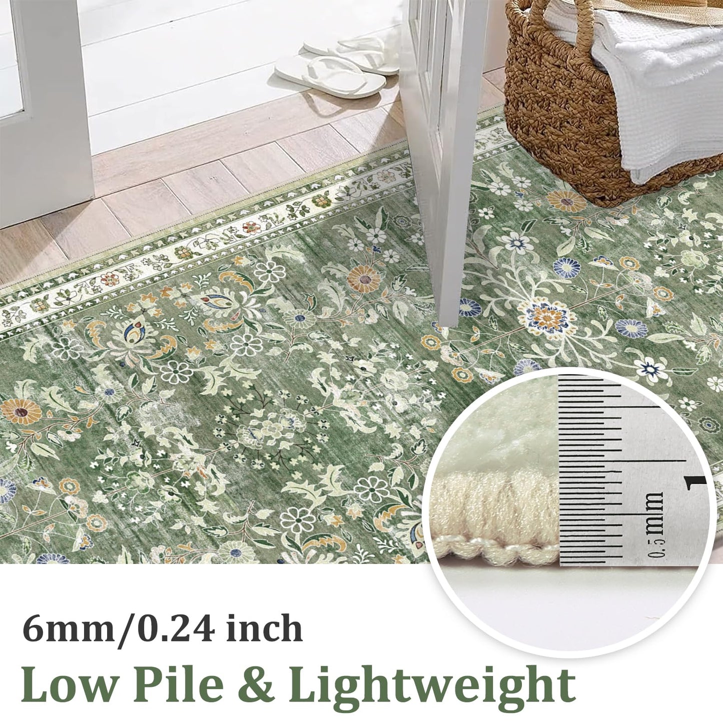 Yamaziot Washable Runner Rug 2x8 – Non Slip Boho Floral Hallway Runner Rug with Rubber Backing, Low Pile Wool Distressed Carpet for Kitchen, Laundry, Bedroom, Entrance, Mottled Green