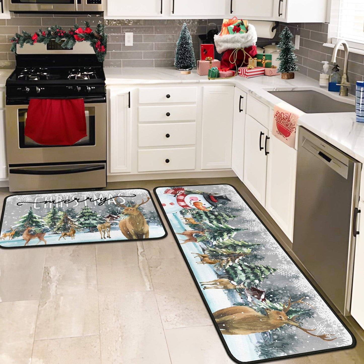 Christmas Kitchen Rugs and Mats Set of 2, Xmas Decor Non Slip Backing Xmas Trees Rug Winter Holiday Kitchen Rug Christmas Decorations for Home Low-Profile Kitchen Floor Mat 17"X47"+17"X30"