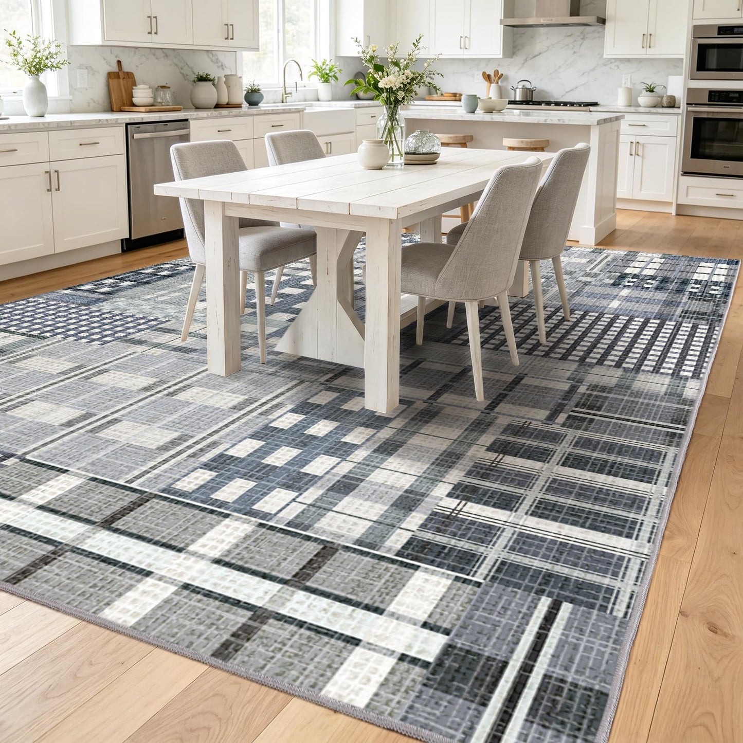 Rezutan Modern Geometric Plaid Indoor Area Rug for Living Room, Blue Gray Distressed 4X 6 Ft Large Rug Hardwood Floors Decor for Bedroom, Throw Carpet for Office Dining Room