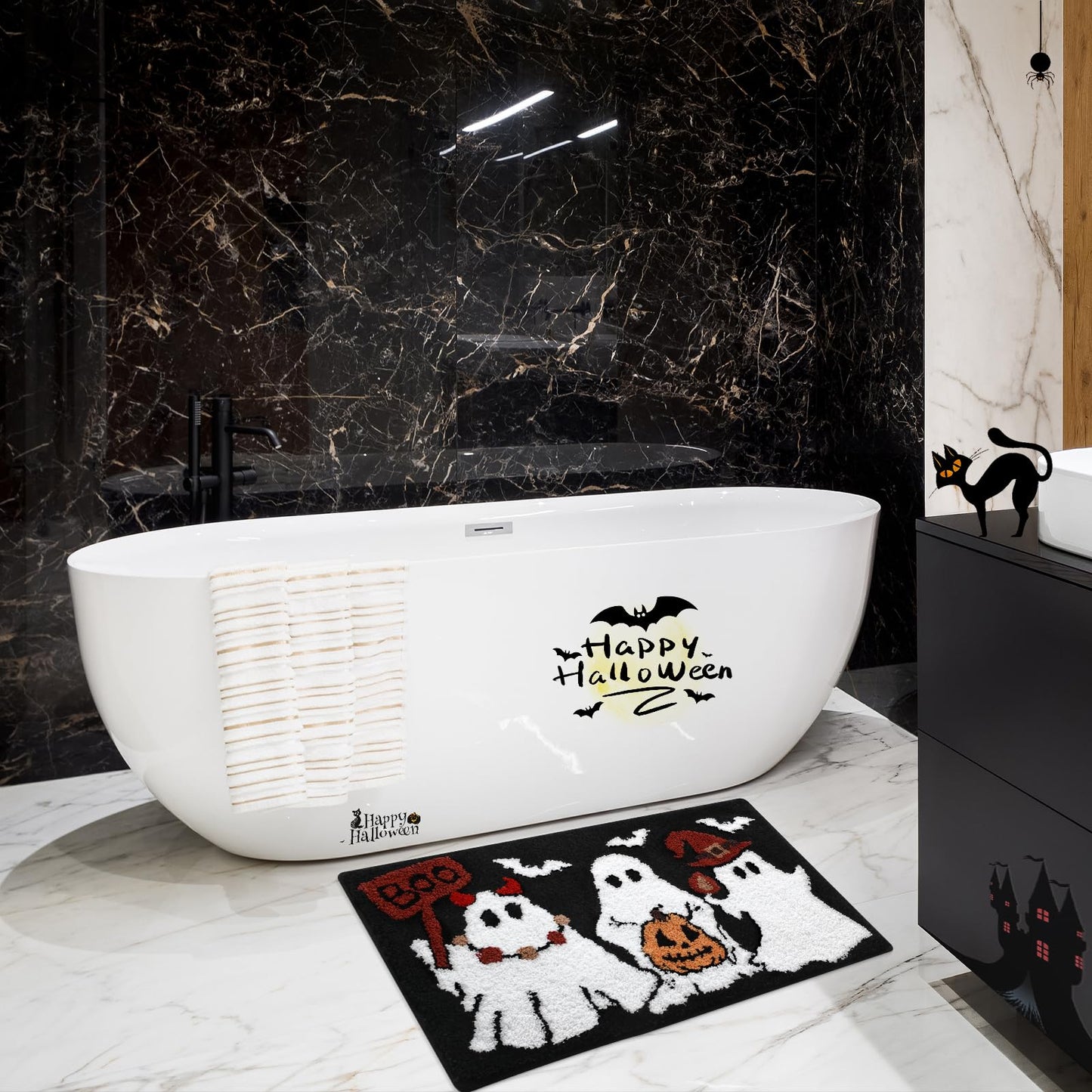 Ghost Bath Mat 16x24 Inch, Soft and Absorbent Tufted Halloween Bathroom Rug Non Slip Washable, Halloween Bathroom Boo Decor Rug Holiday Decorations