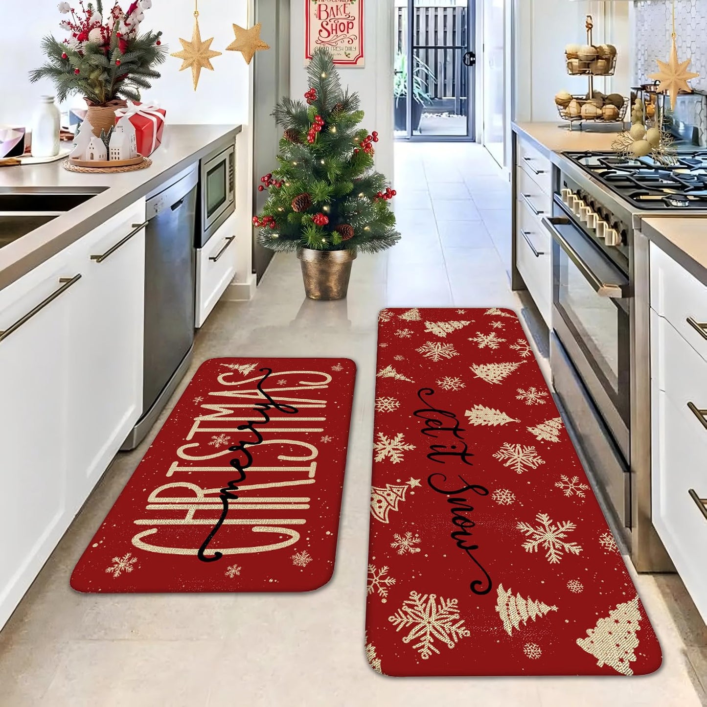 Red Christmas Kitchen Mats Set of 2, Linen Xmas Kitchen Rugs, Merry Christmas & Let It Snow Design, Non-Slip Floor Mats for Kitchen, Entryway Christmas Decor 17x30+17x47 Inch