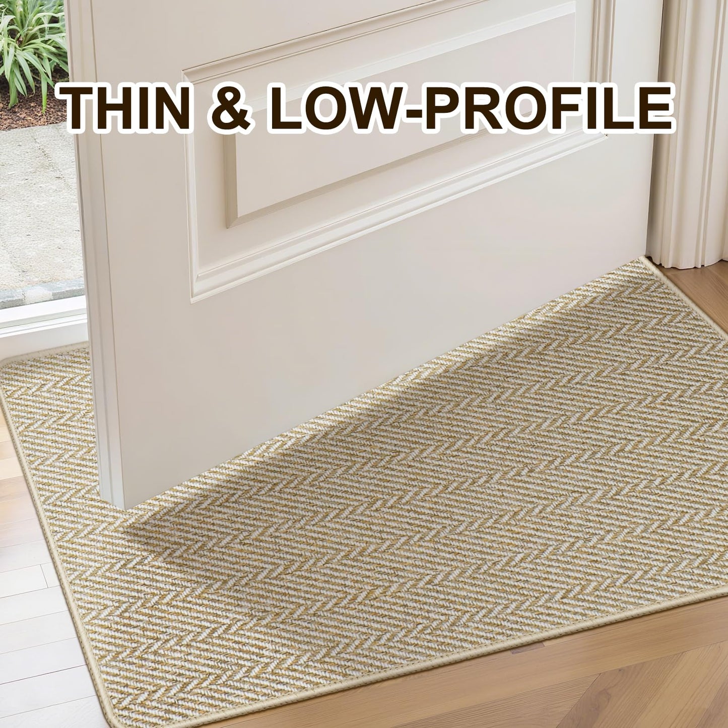 BEISIFLOOR Ultra Thin Door Mat Indoor Entrance 36"x59", Low-Profile Indoor Door Mat, Large Non Slip Entry Mat Rubber Backing Unique Herringbone Design Inside Doormat Dirt Trapper Entryway Mats, Beige