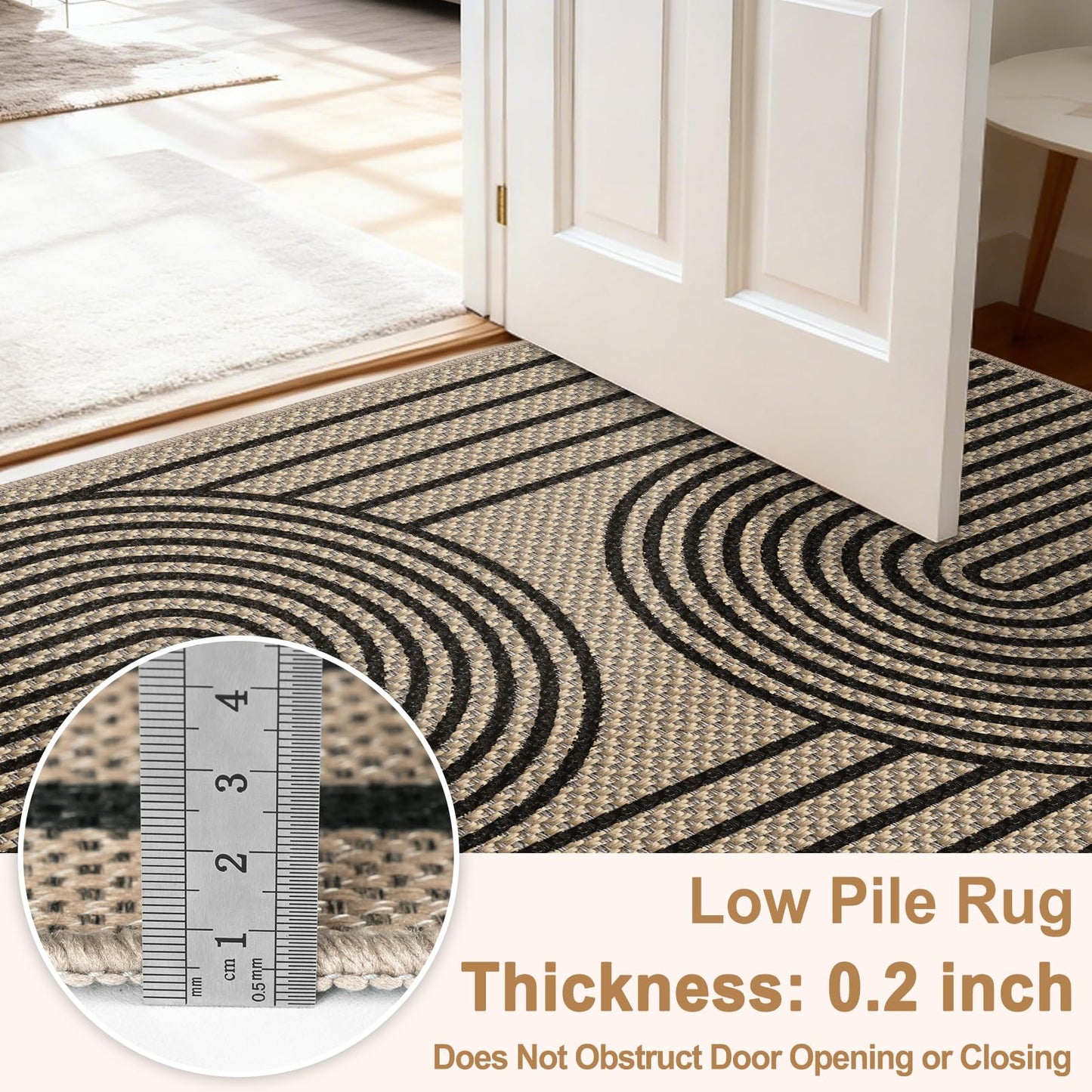 VSIWB Easy Jute Rugs for Entryway, 3' x 5' Indoor Outdoor Rug, Black Farmhouse Washable Ultra-Thin Non-Slip Area Rug for Foyer, Backdoor, Living Room, Kitchen, Bedroom, Balcony