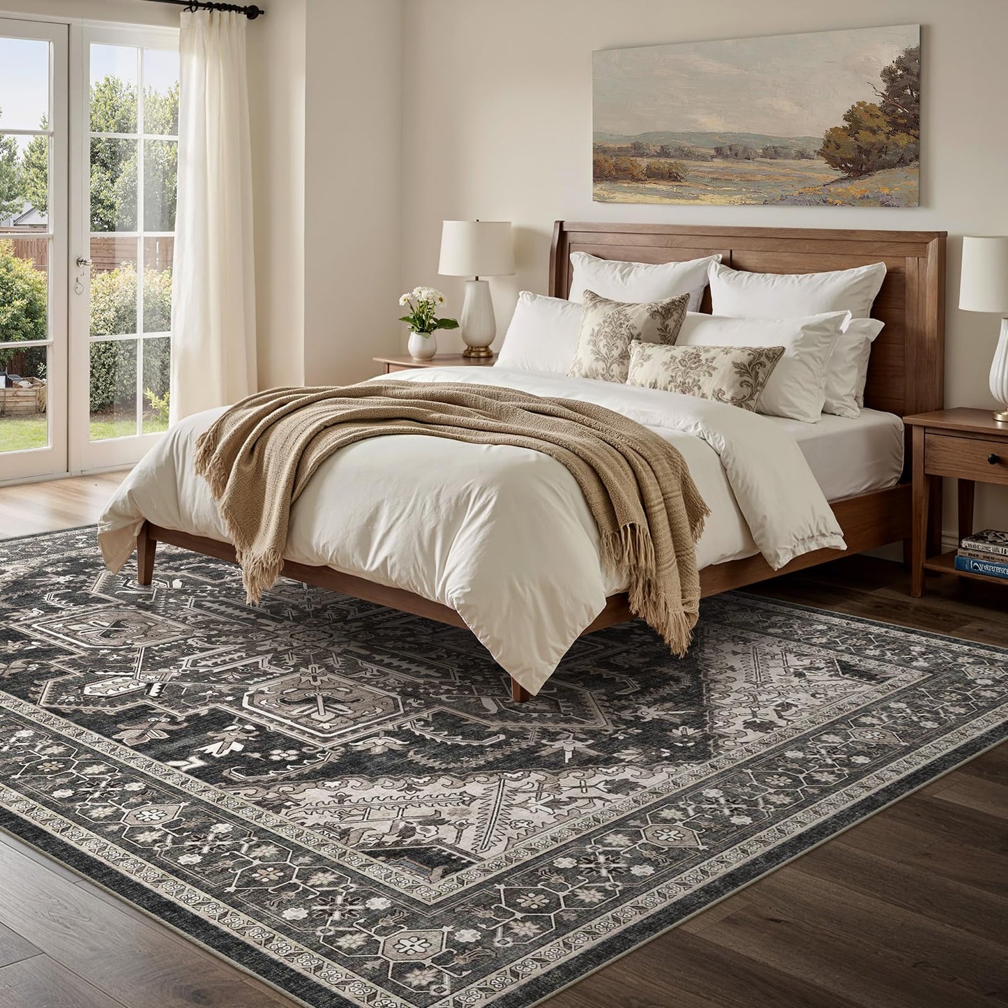 WITSHOCK Living Room Area Rugs 5x7: Washable Rug Boho Soft Non-Slip Low Pile Stain Resistant Foldable Carpet for Bedroom Playroom Dining Room Office Kitchen Farmhouse Home Decor Rug-Bitter Black