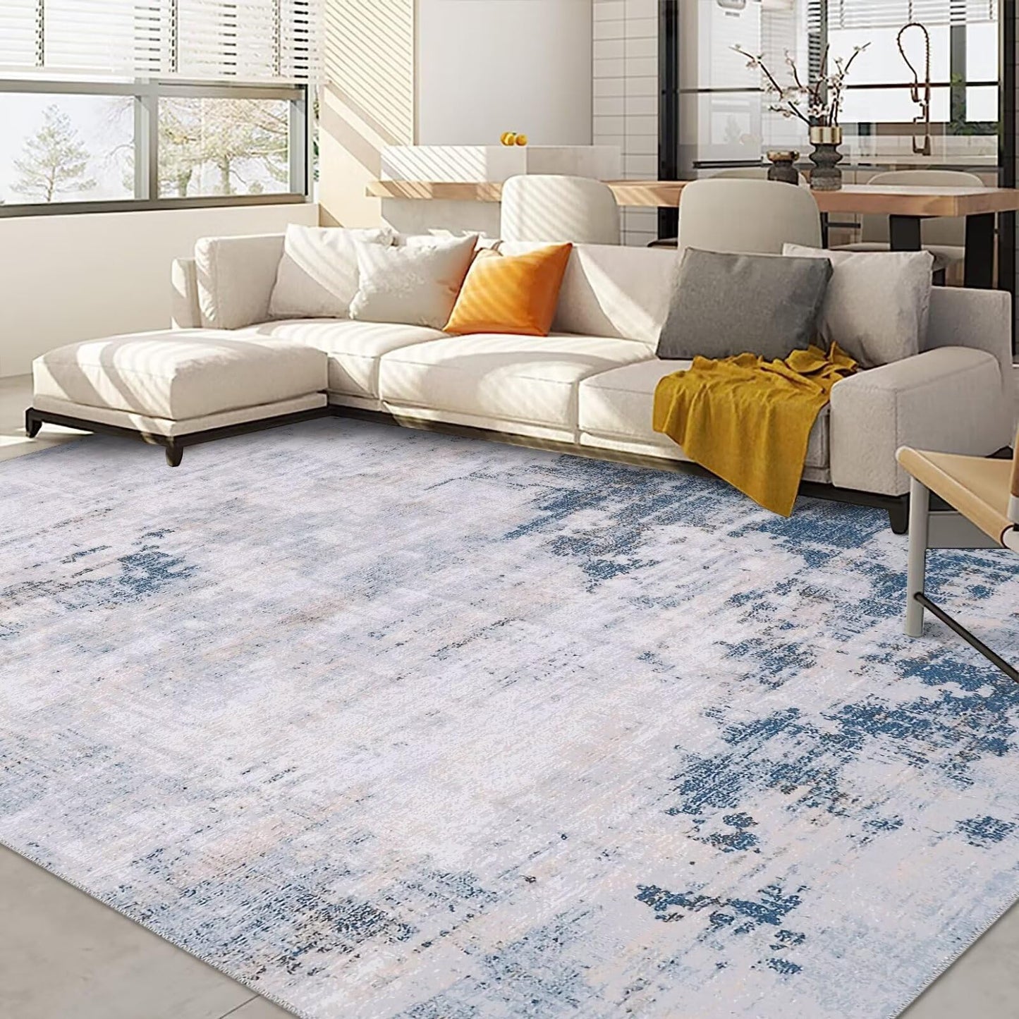FairOnly Washable Rug Modern Area Rug 8x10 Low Pile Bedroom Rug, Thin Living Room Rug with Non Slip Backing No Shedding Large Area Rug Lightweight Abstract Machine Washable Rug for Home, Blue/Yellow