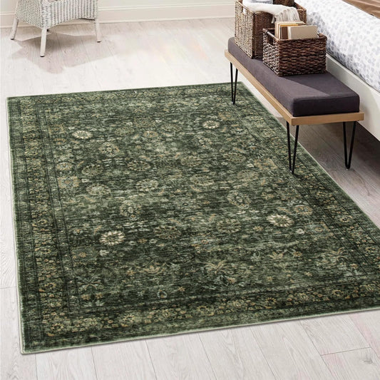 Morebes Washable Dark Green Area Rugs 6x9, Vintage Boho Large Living Room Rugs Non Slip, Distressed Soft Indoor Accent Floor Mat Throw Carpet for Nursery Kitchen Coffee Table Dining Dorm