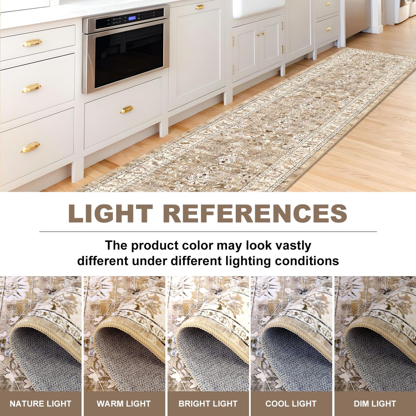 LOKHOM Washable Runner Rug, 2x10 Non-Slip Boho Hallway Rug with Rubber Backing, Vintage Soft Stain Resistant Distressed Kitchen Runner Rug for Kitchen Laundry Entryway Bedroom (Beige Brown)