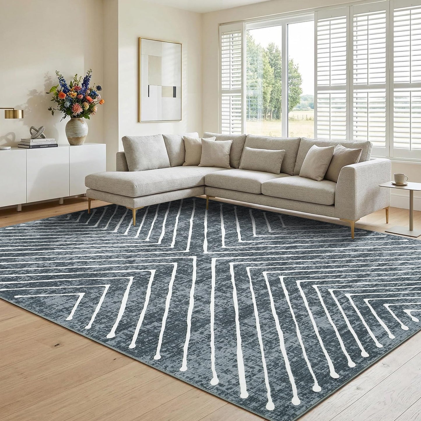Garvee 8x10 Rugs for Living Room Geometric Rug for Bedroom Washable Rugs Contemporary Stain Resistant Easy Cleaning Non Slip Floor Cover for Dining Room Office Nursery, Dark Grey