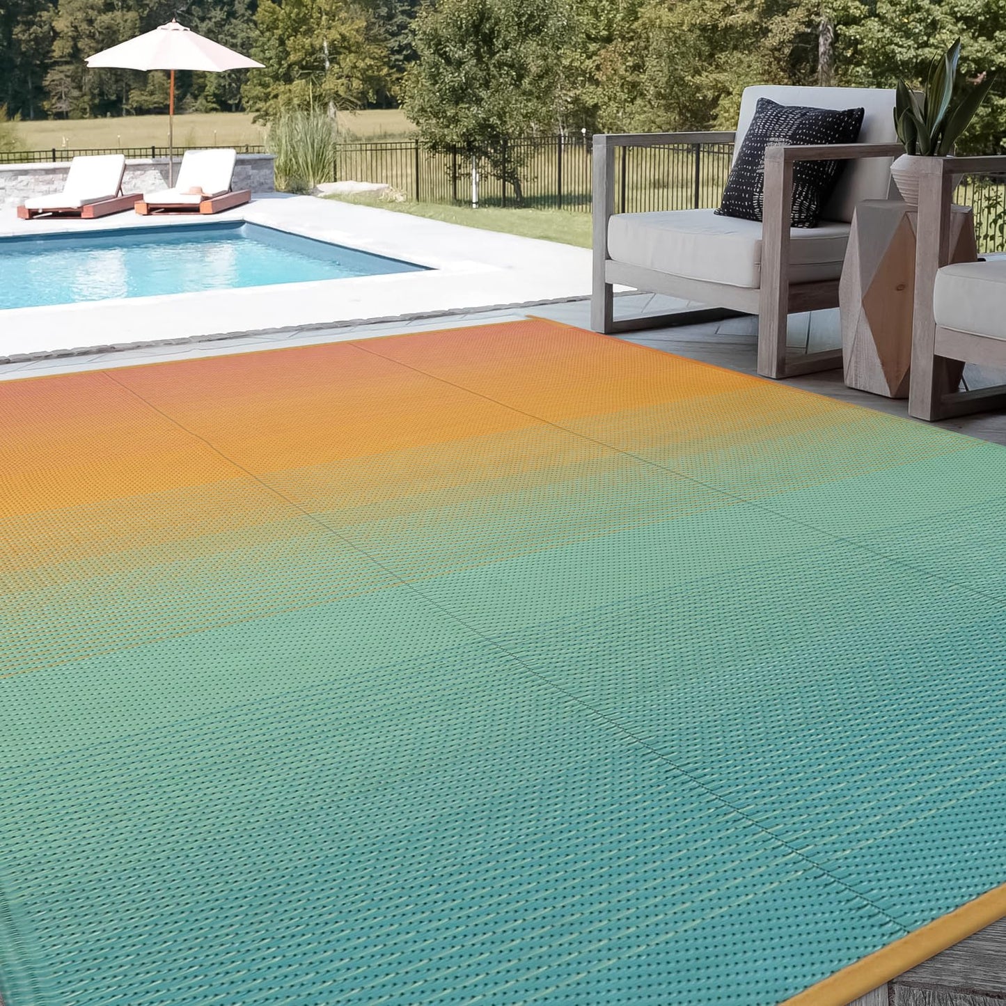 Lahome Camping Rugs for Outside Your Rv 5x8 Indoor Outdoor Carpet Waterproof Plastic Straw Rug, Reversible Camping Mats Large Porch Rug for Patio,Backyard, Balcony,Deck,Blue-Orange 5x8