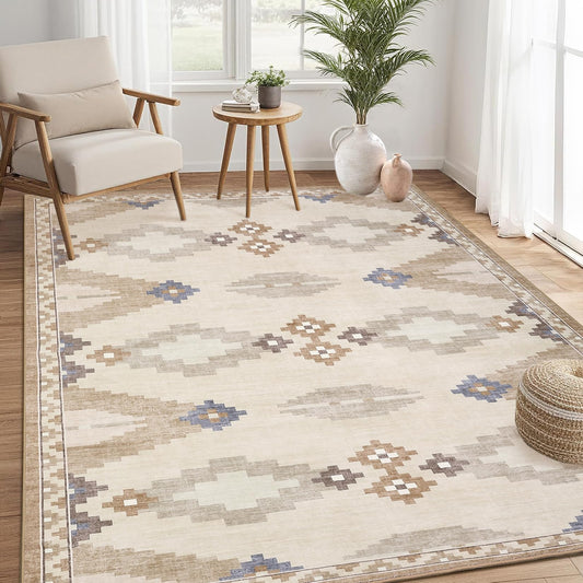 Mid Century Beige Rug 5x7 Washable Large Living Room Area Rugs Non Slip Stain Resistant Boho Tribe Bedroom Throw Carpet Soft Geometric Modern Rugs for Dining Room Dorm Nursery Home Office, Beige