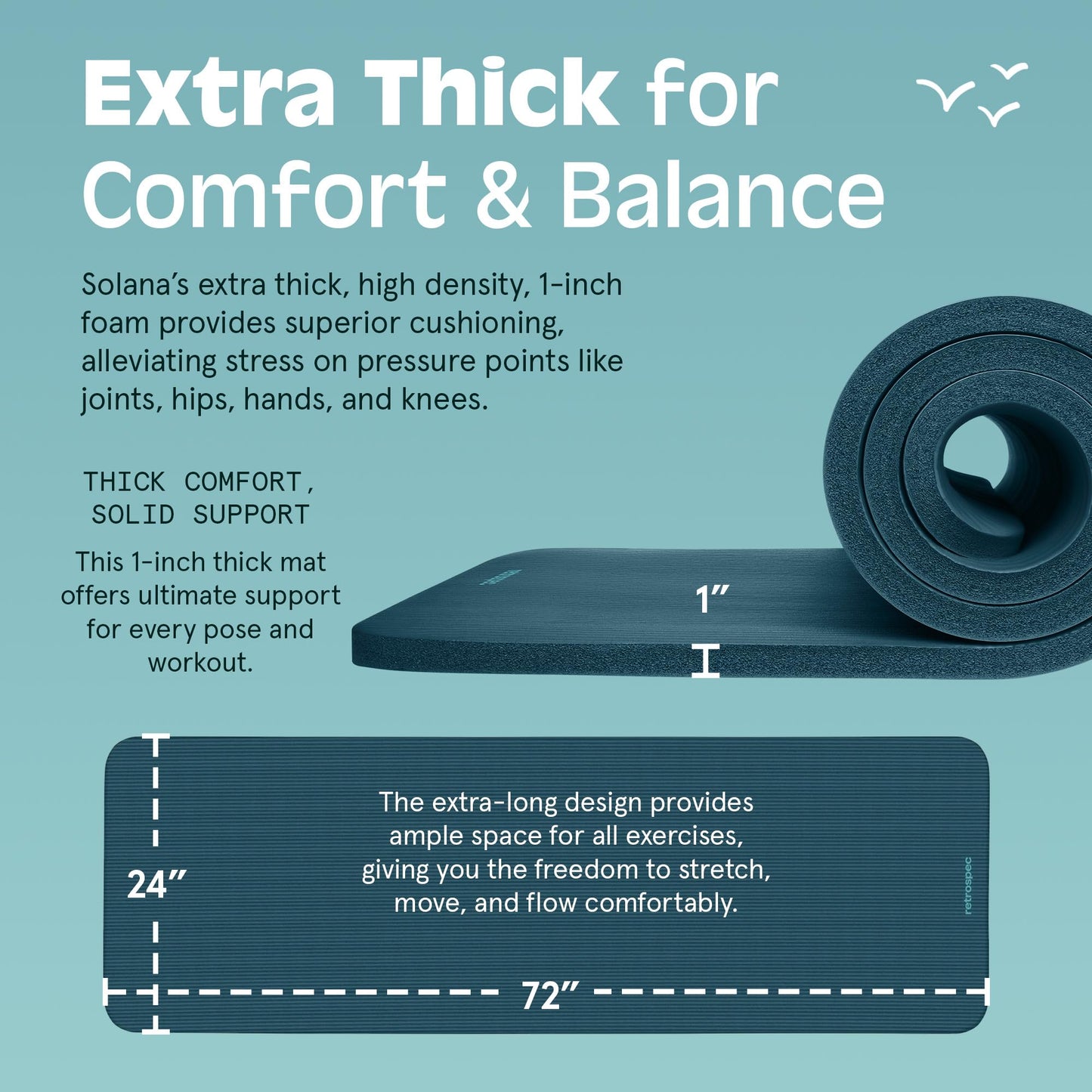 Retrospec Solana Yoga Mat 1" Thick w/Nylon Strap for Men & Women - Non Slip Exercise Mat for Home Yoga, Pilates, Stretching, Floor & Fitness Workouts - Ocean Blue