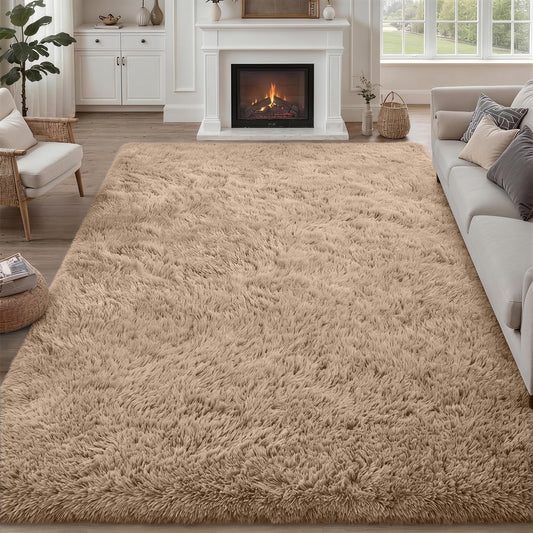 8x10 Area Rugs for Living Room Bedroom: Ultra Soft Fluffy Shag Rug Upgrade Non-Slip Non-Shedding Large Fuzzy Plush Carpet Indoor Floor Carpets for Kids Room Playroom Nursery Dorms Home Decor Beige