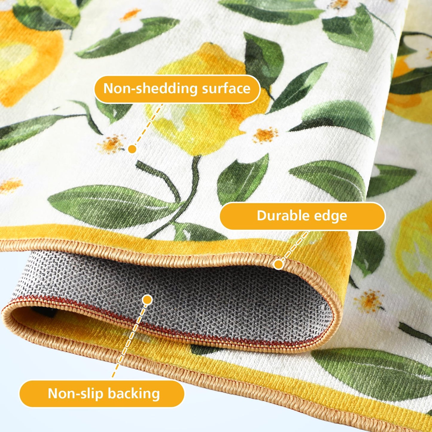 Sliner White 2 Pcs Lemon Kitchen Mats Lemon Kitchen Rugs for Floor Washable Soft Non Slip Carpet for Bathroom Sink Laundry Decor, 17" x 30" + 17" x 47"