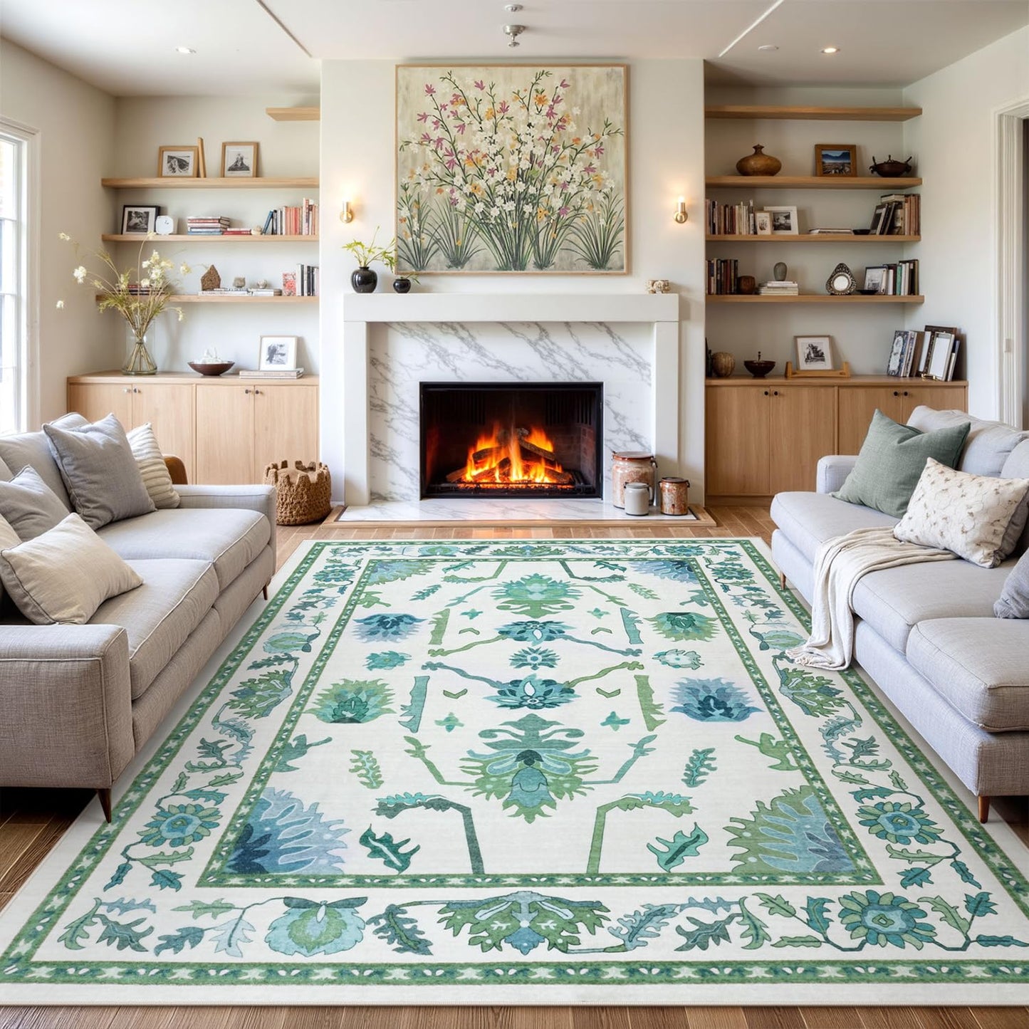 Uphome Green Washable Rugs 8x10, Floral Oushak Rugs for Living Room Bedroom, Non-Slip Soft Turkish Dining Room Rug, Modern Abstract Ultra-Thin Large Carpet for Office Playroom Dorm