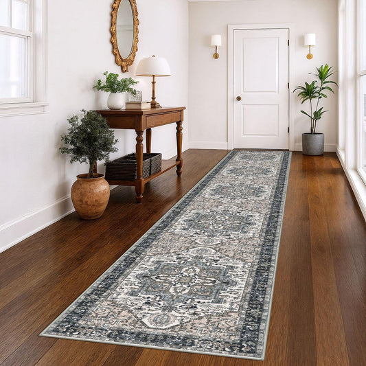 KOZYFLY Runners for Hallways 3x14 Ft Extra Long Washable Faux Wool Stair Thin Runner Rug Printed Hallway Carpet for Entryway Bedroom Stairs Kitchen Floor Accent, Black/Taupe/Beige