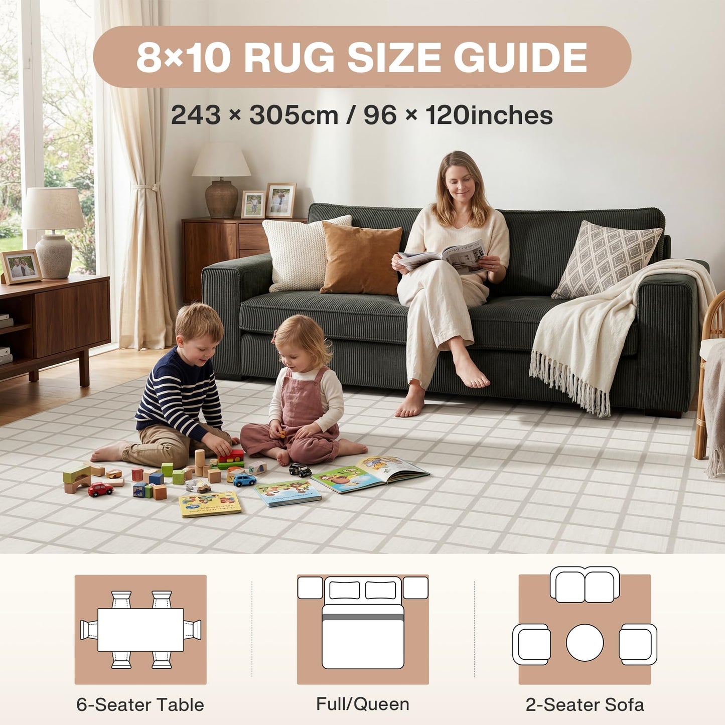 Tribesigns 8x10 Washable Area Rug, Soft Cream Modern Plaid Geometric Bedroom Rug, Non-Slip Low Pile Indoor Carpet for Living Room, Dining Room, Dorm, Office & Playroom, Oeko-TEX Certified