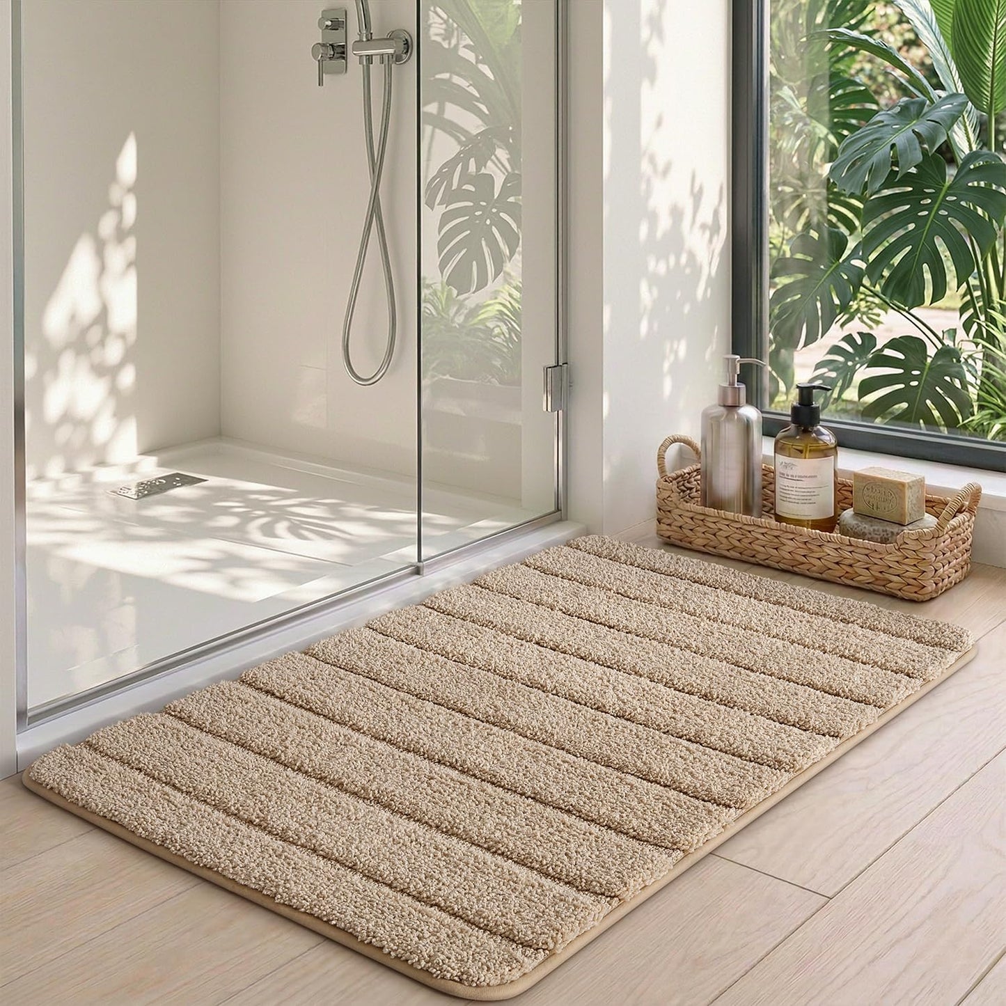 DEXI Bathroom Rugs 24x36, Machine Washable Non Slip Bath Mat, Soft Microfiber Absorbent Quick Dry Bath Rugs for Shower Floor, Sink, Tub, Beige
