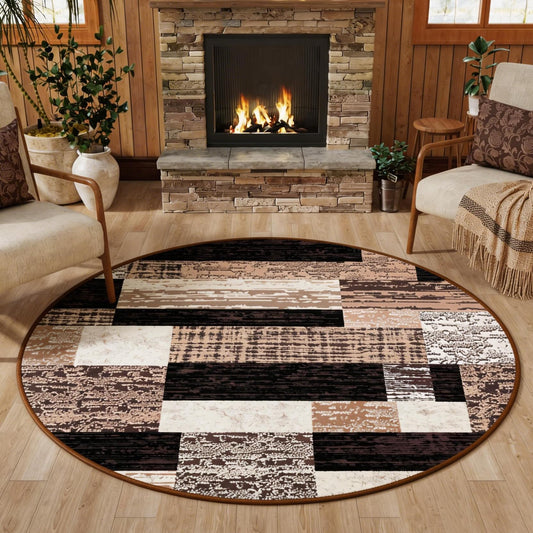 FlyDOIT Modern Round Area Rug for Living Room, 4Ft Washable Round Rug Chocolate Geometric Patchwork Circle Rugs for Dining Room Table, Small Circular Floor Carpet for Bedroom Home Office