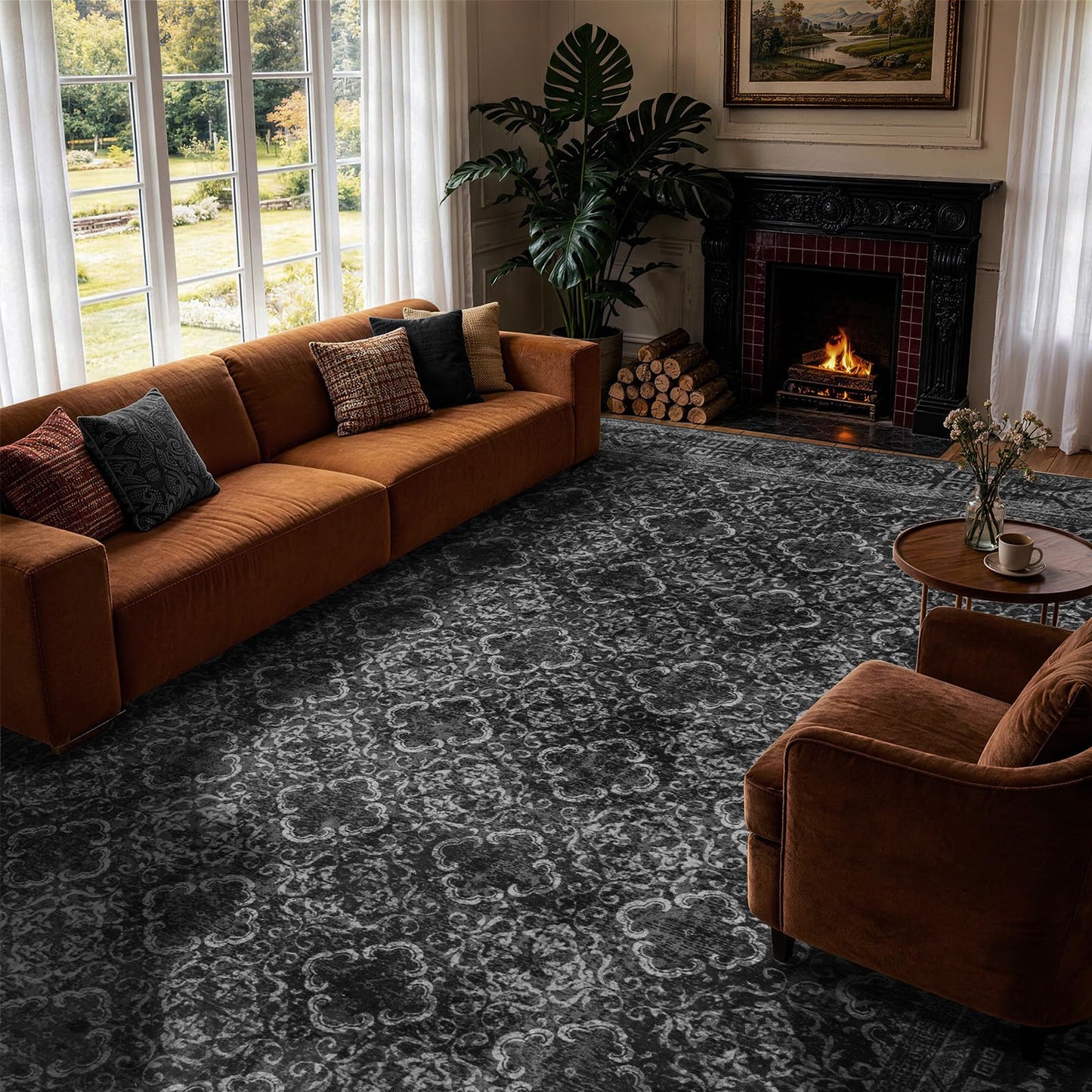 LIANLAM 8x10 Washable Area Rug, Vintage Boho Traditional Pattern, Non-Slip Stain Resistant Rug for Living Room Bedroom(8x10,Black/Boho)