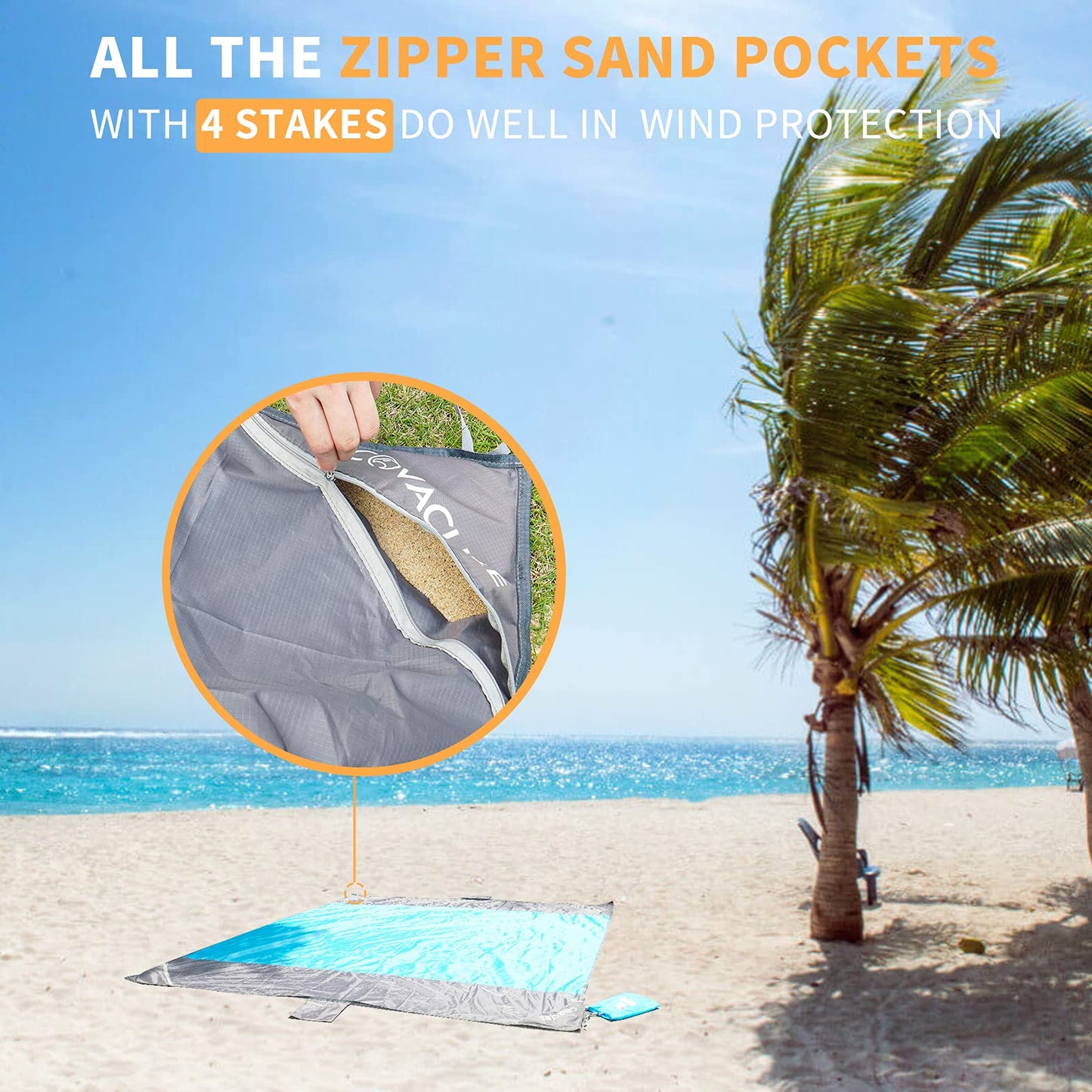 covacure Extra Large Beach Blanket Sandproof Waterproof - 108"x85" for 7-8 Adults, Oversized Portable Beach Mat with Zipper Pockets, Lightweight Durable Outdoor Accessories for Beach, Camping, Travel