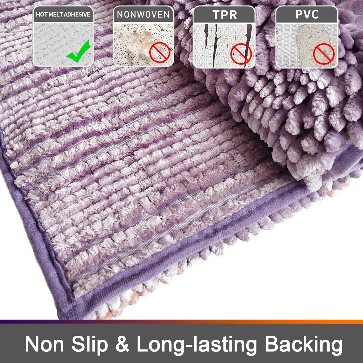 Civkor Bathroom Rugs Set 2 Pieces Light Purple Butter Chenille, Shiny Noodle Bath Mat Rug Set with Non Slip Backing, Super Water Absorbent Machine Washable 31x20 and 24x16 Inch, Lavender