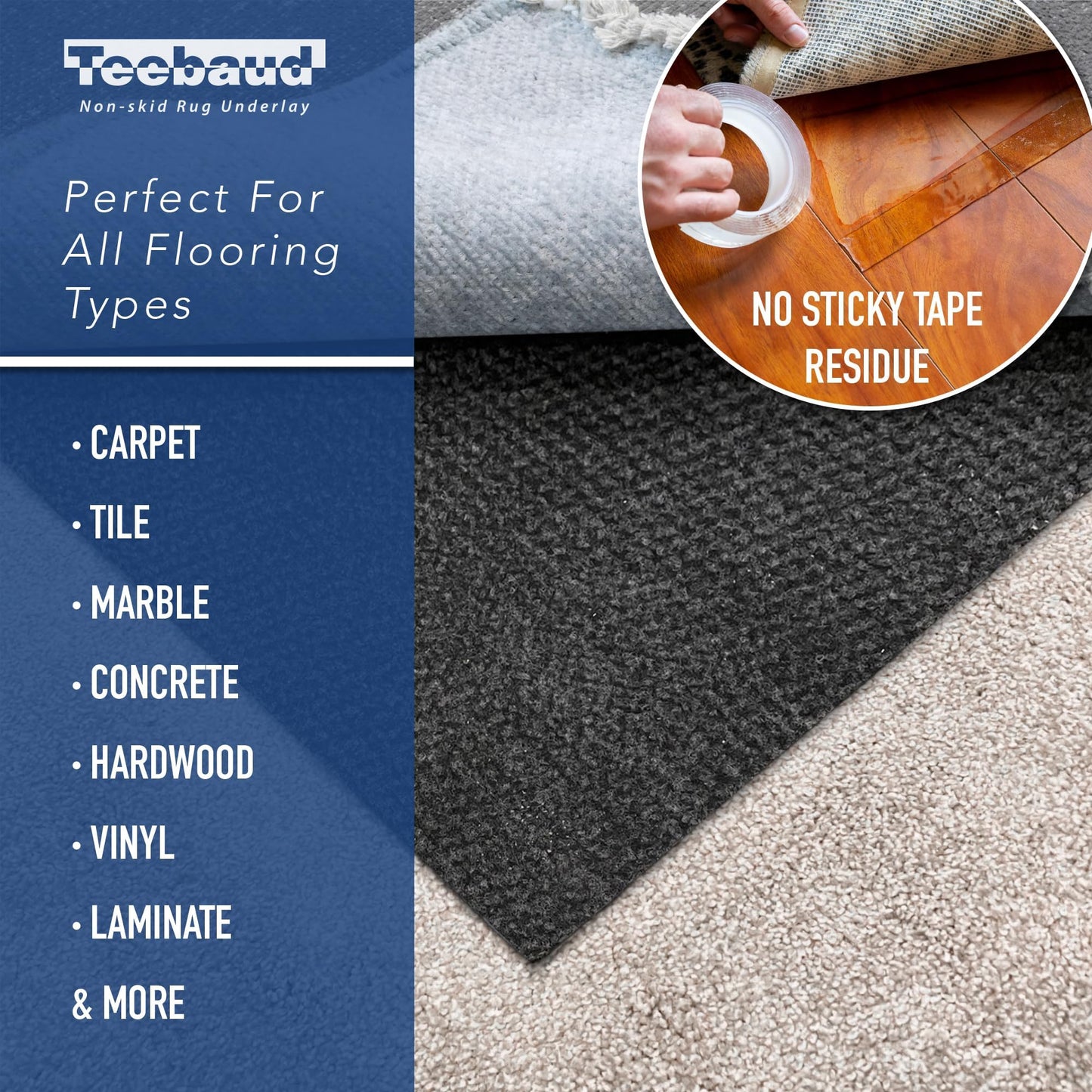 Teebaud 3' x 5' Non-Slip Rug Pad, Reversible Gripper, Non Skid Pads for Hardwood, Vinyl, Tile, Laminate Floors, Keep Area Rugs Secure, Natural Materials Safe for Indoor Flooring, ¼” Thick