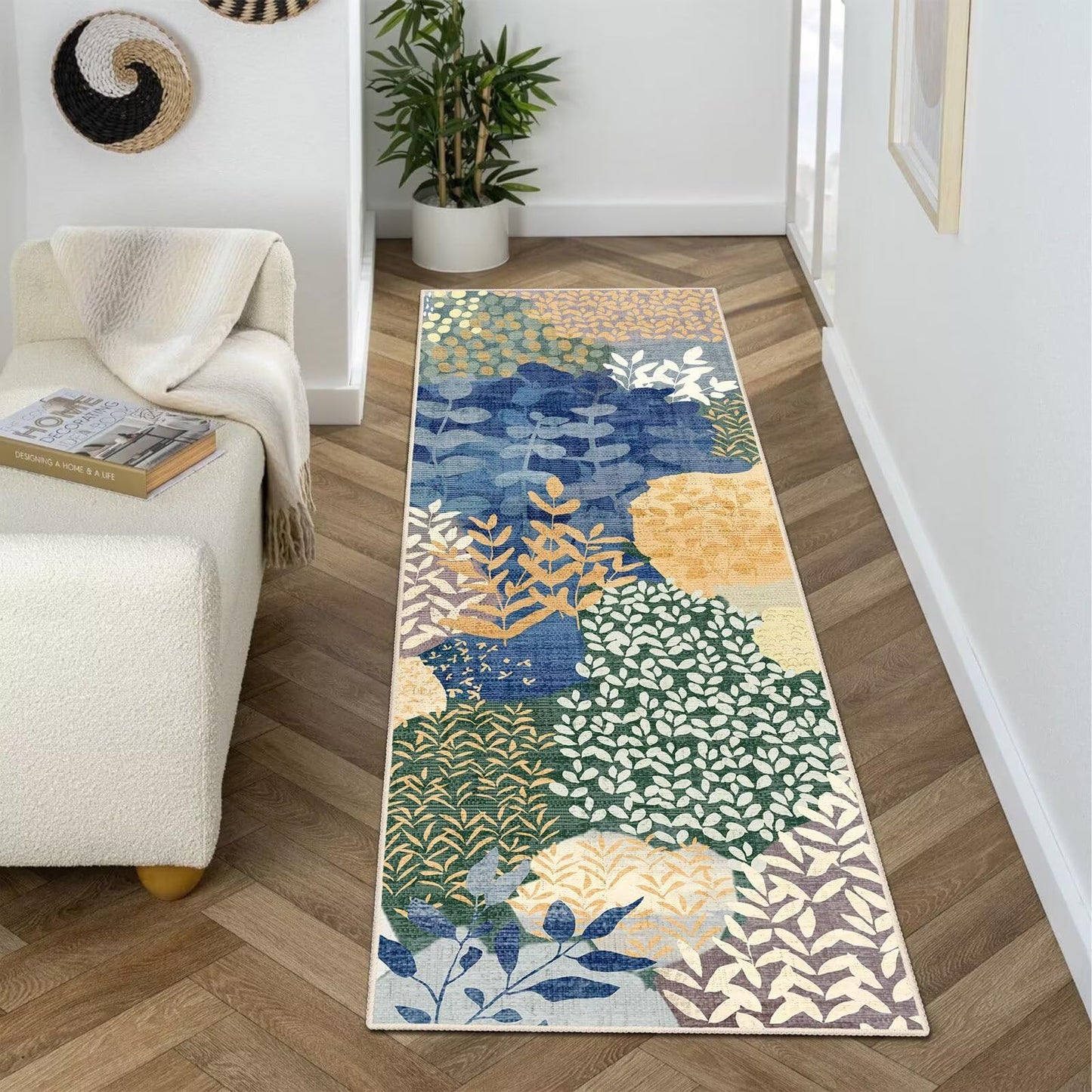 DEXDE Runner Rug 2x6 Washable Hallway Boho Soft Area Rugs Abstract Long Non Slip Botanical Leaves Floral Print Carpet for Entryway, Kitchen, Laundry, Bathroom, Bedroom,Blue