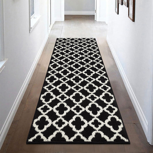 U'Artlines Washable Hallway Runner Rug 2x6', Non-Slip Basketweave Modern Geometric Kitchen Runner, Low Profile Entryway Rug for Indoor, Laundry Room & Bathroom Black and White