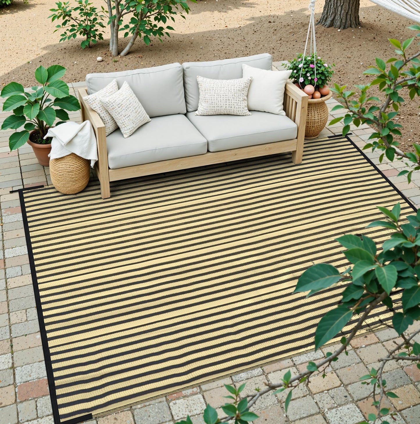 LEEVAN Waterproof Outdoor Rug 6x9 Patio Rug Clearance Black and Tan Plastic Straw Area Rug for Backyard Striped Camping Outside Mat for Picnic, RV, Deck, Bench, Balcony