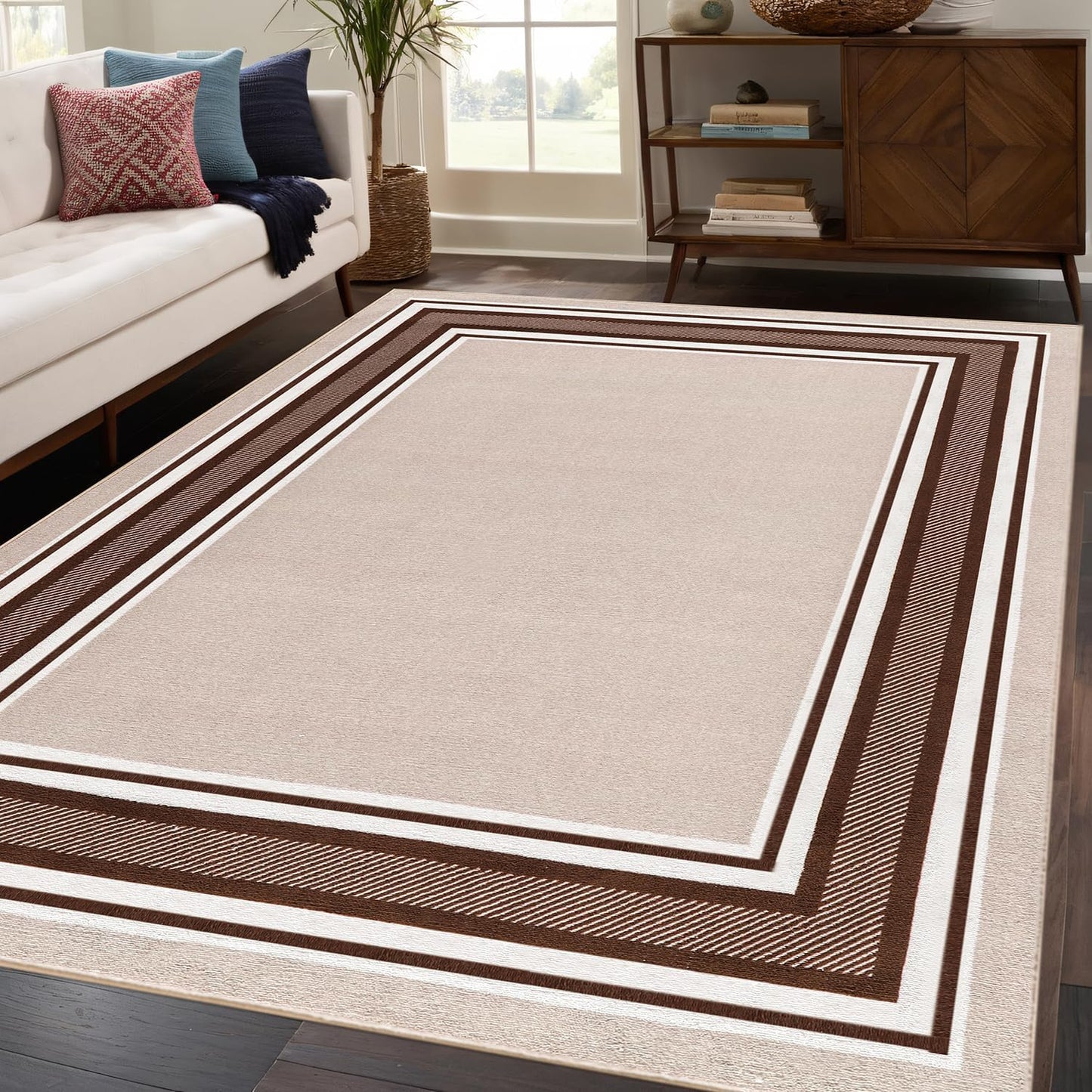 Beverly Rug Non Slip Area Rugs 8x10 Modern Bordered Non Skid Rubber Backing Soft Area Rug for Living Dining Room Easy to Clean Non Shedding Kitchen Bedroom Indoor Carpet 8 x 10 Beige-Brown