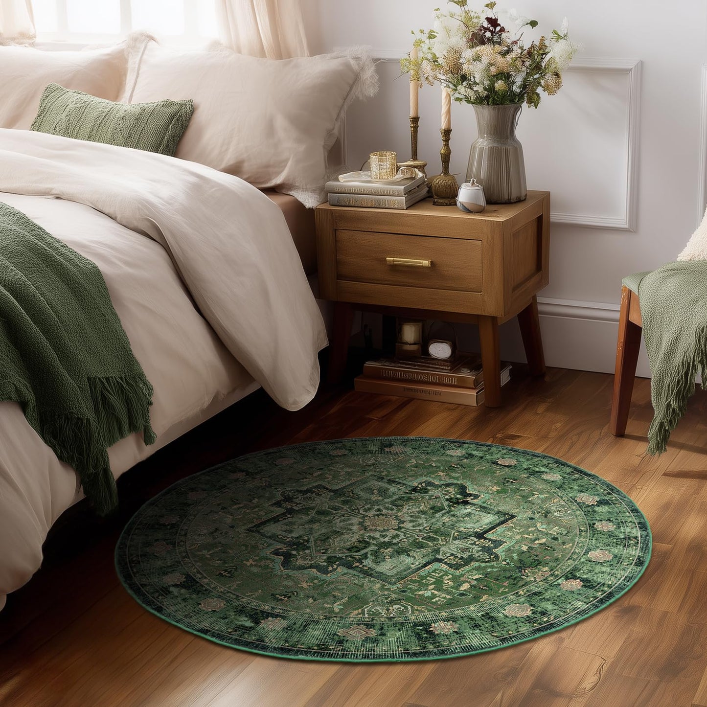 Jainmy Green Small Round Washable Rug 4ft for Entryway Low Pile, Kitchen Bathroom Circle Rug 4 Feet Non Slip Low Pile, Vintage Medallion 4 Foot Round Area Rug for Small Living Room/Dining Room/Bedroom