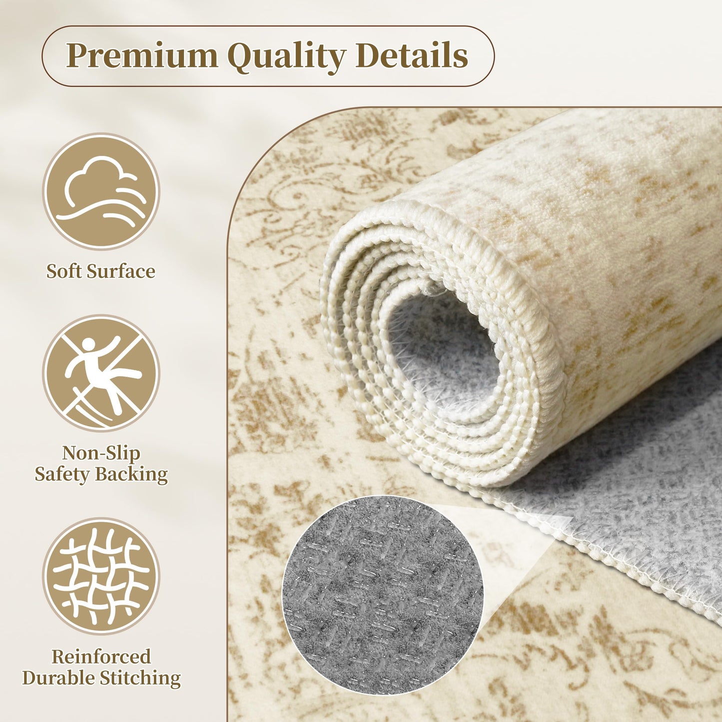 TTelephant Beige Washable Rugs 5x7, Neutral Vintage Boho Carpet for Bedroom, Living Room and Dining Room, Low Pile Nursery Area Rug with Non-Slip Silicone Backing, Non-Shedding