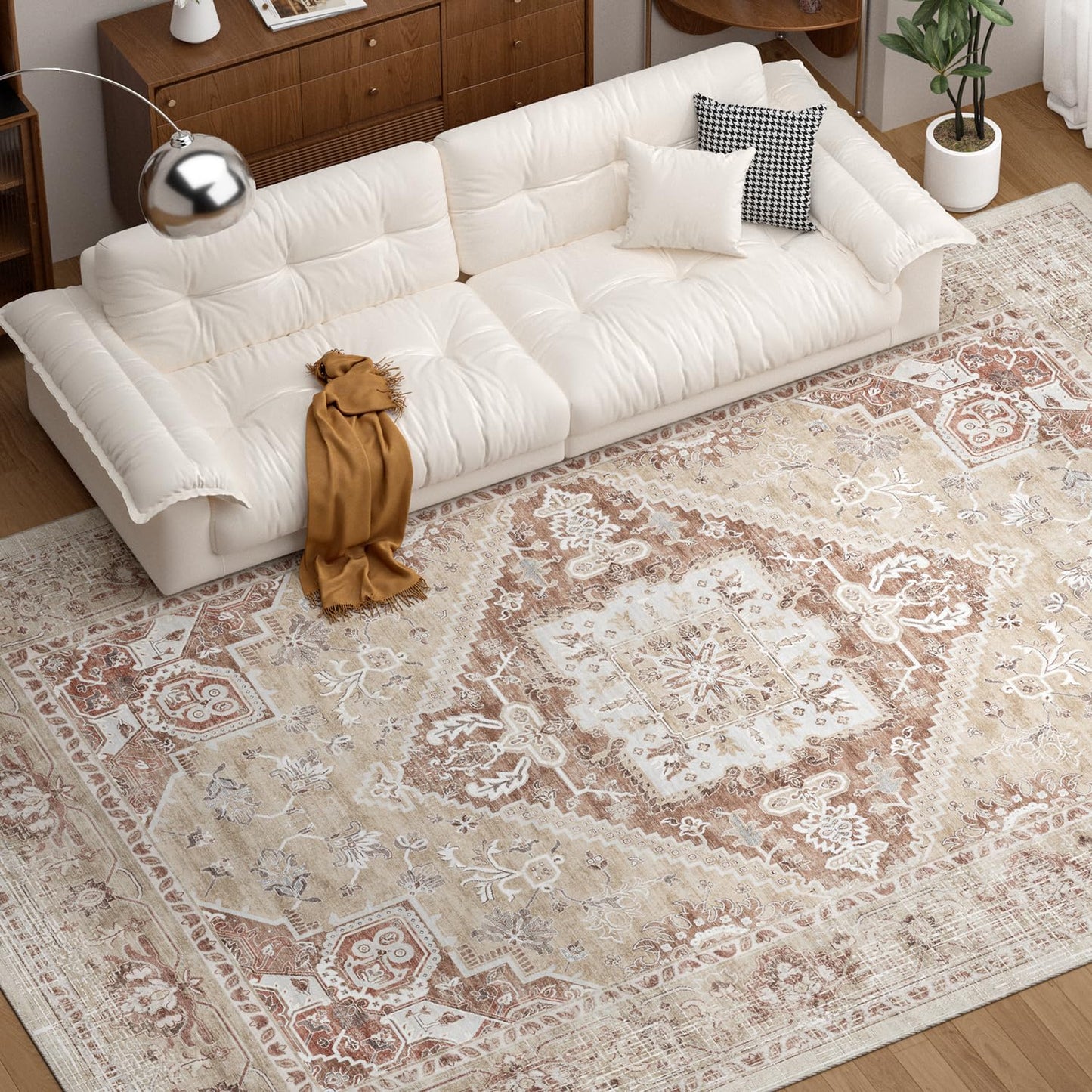 COHOME Beige Boho 6x9 Washable Rug for Under Table, Non-Slip Low Pile Area Rug for Living Room Bedroom Office, Charming Farmhouse Decor, Stain Resistant