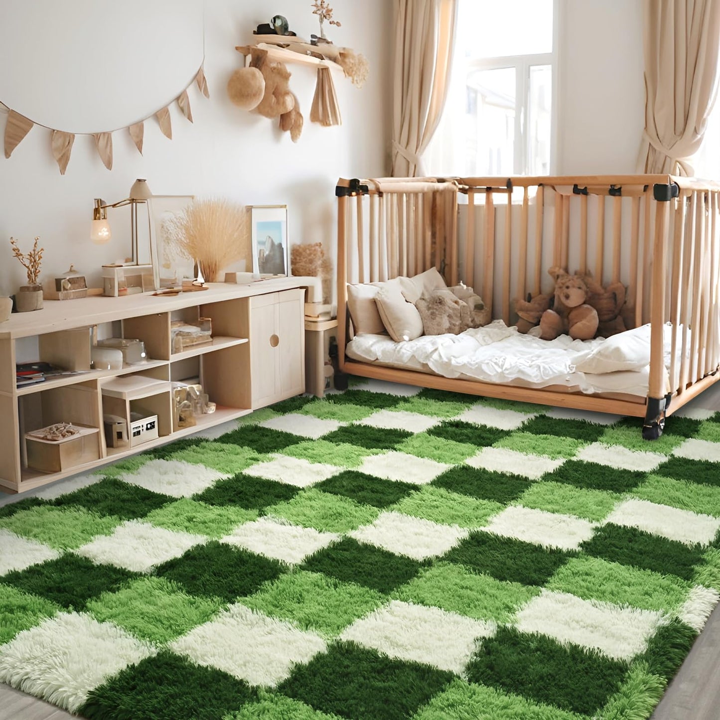 FALARK Fluffy Deep Green White Rugs for Bedroom, 4x6 Feet Checkered Rug for Living Room, Cute Shag Carpet for Kids Girls Room Nursery, Soft Shaggy Modern Indoor Carpets for Home Decor