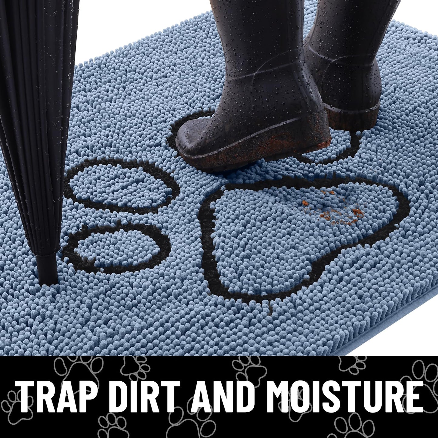 Smiry Dog Door Mat for Muddy Paws, Absorbent Dirt Trapper Non Slip Quick Dry Washable Chenille Mat for Mud Dogs, Entry Rug for Indoor and Outdoor (48x30 Inches, Airy Blue and Black)