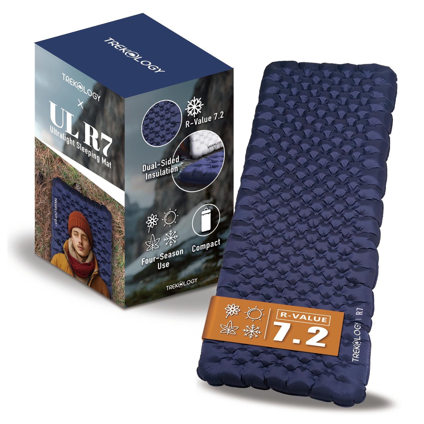 TREKOLOGY Sleeping Pad for Camping– Ultra-Lightweight, 4" Thick Camping Mat with 7.2 R-Value for All Seasons (Blue)