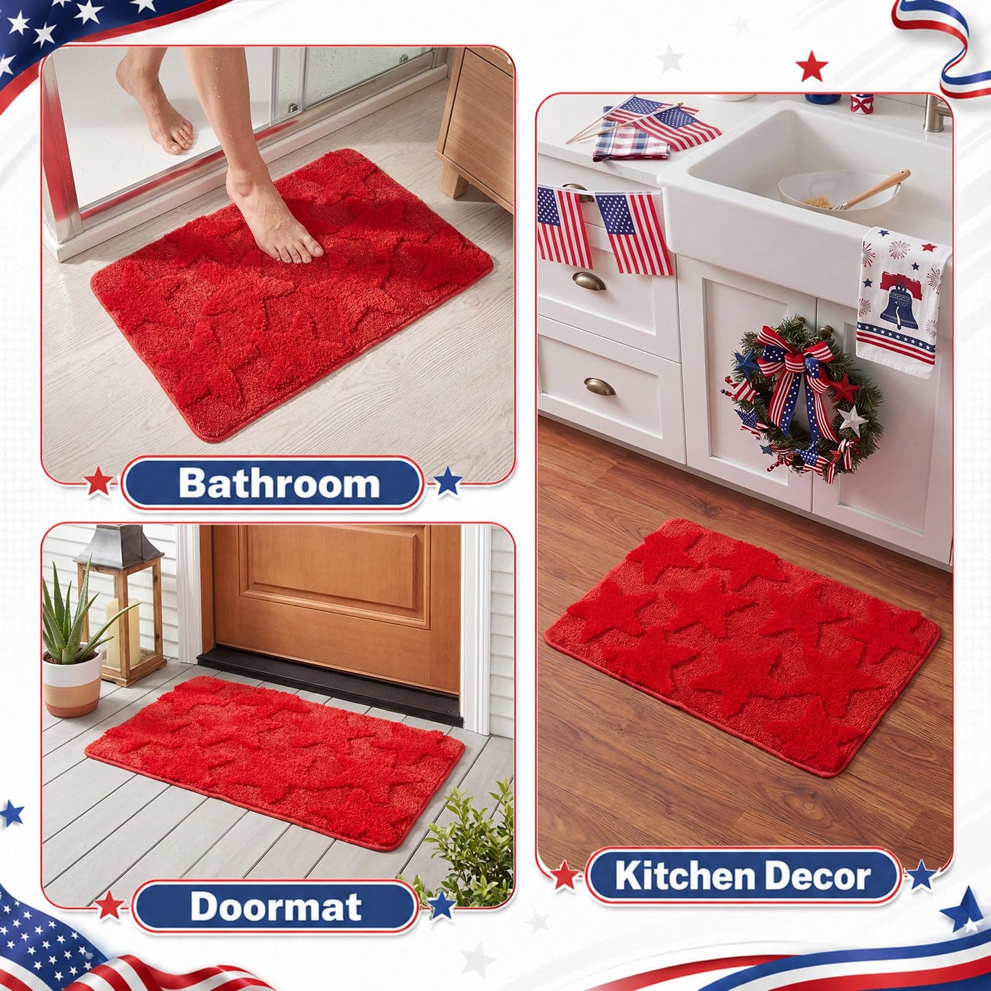 Capoda 1 Pcs Patriotic Bathroom Rug 20 x 30 Inch 4th of July Star Bath Mat Non-Slip Soft Microfiber 4th of July Shower Rug for Independence Day Home Kitchen Bathroom Entrance Decor(Star, Red)