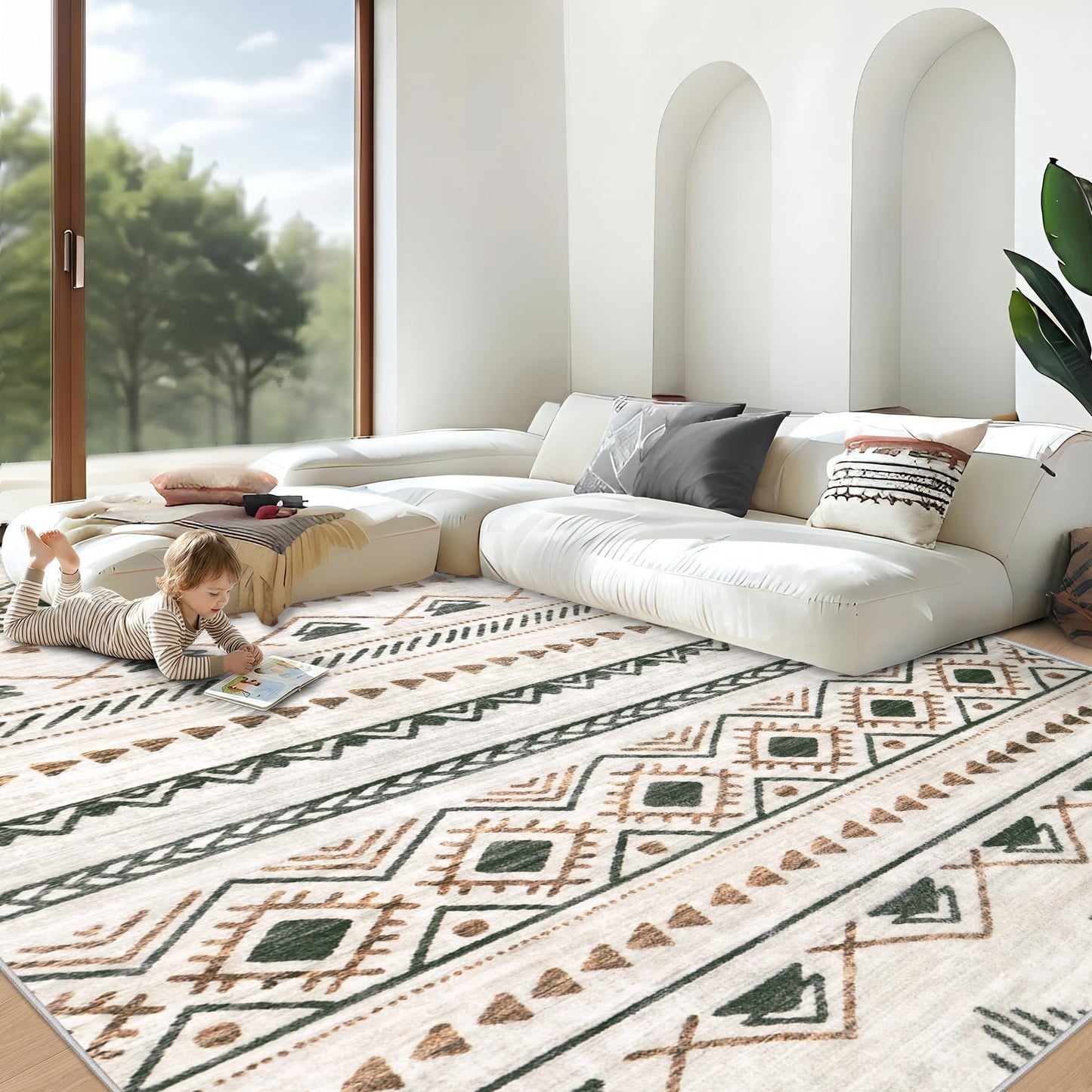 Area Rug Living Room Rugs 8x10 - Large Soft Boho Geometric Rug, Non-Slip Foldable Washable Rugs Non Shedding Morden Indoor Floor Carpet for Living Room Bedroom Office Dining Room(Brown Green,8'x10')