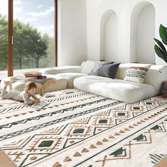 Area Rug Living Room Rugs 8x10 - Large Soft Boho Geometric Rug, Non-Slip Foldable Washable Rugs Non Shedding Morden Indoor Floor Carpet for Living Room Bedroom Office Dining Room(Brown Green,8'x10')
